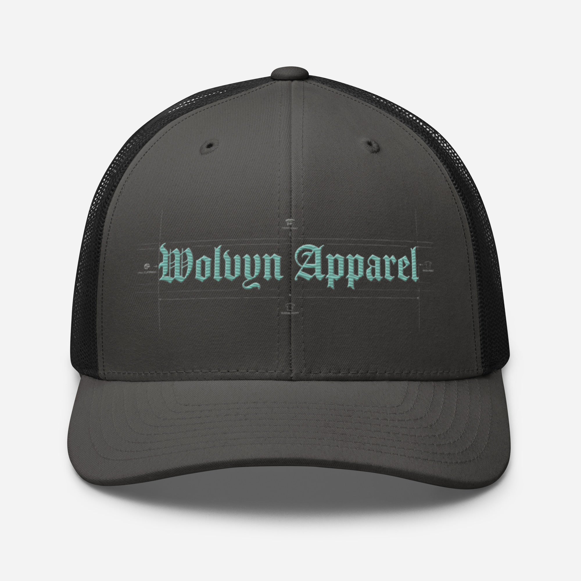 Gray mid-profile trucker cap with mesh back and embroidered gothic text on the front panel