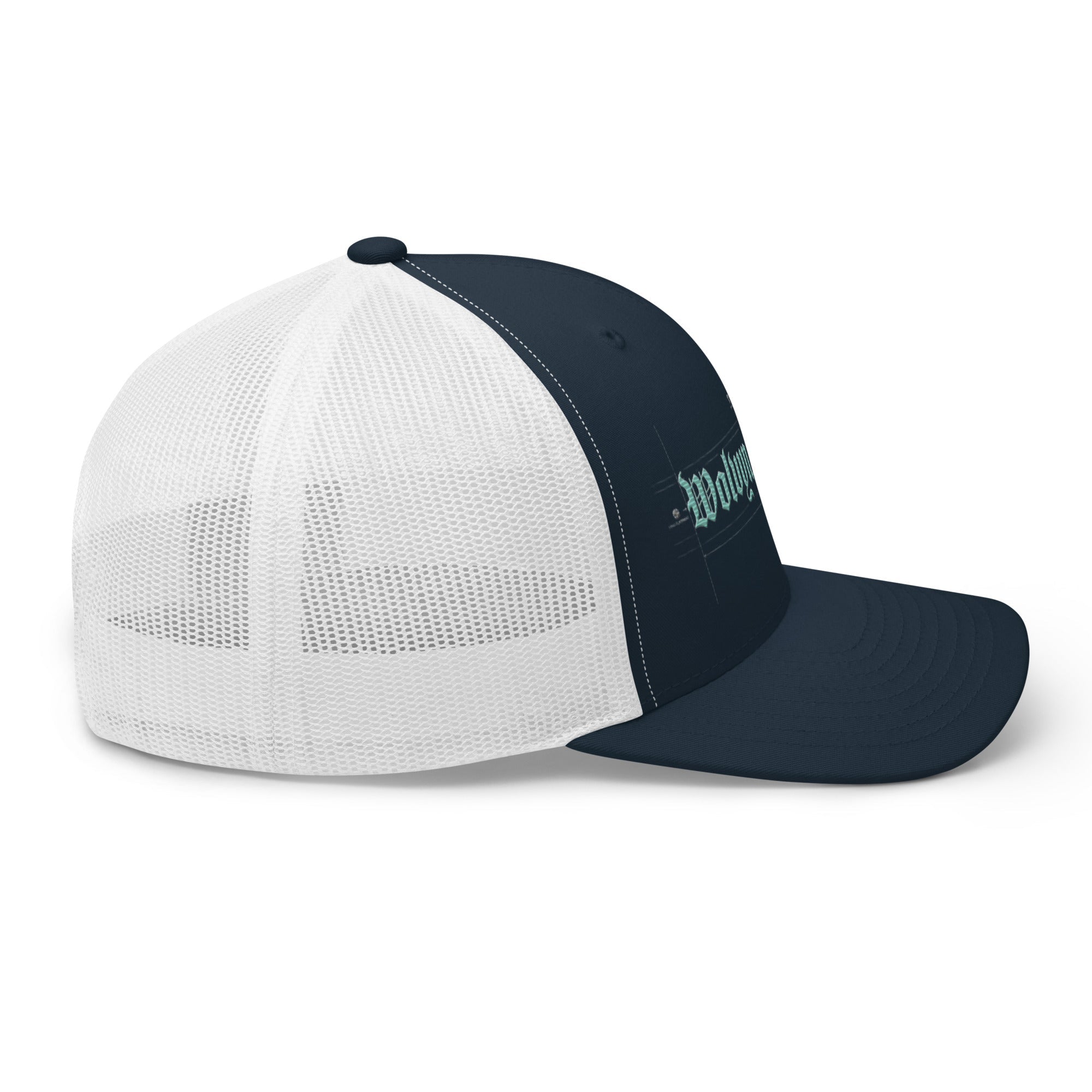 Navy blue mid-profile embroidered trucker cap with white mesh back and curved bill