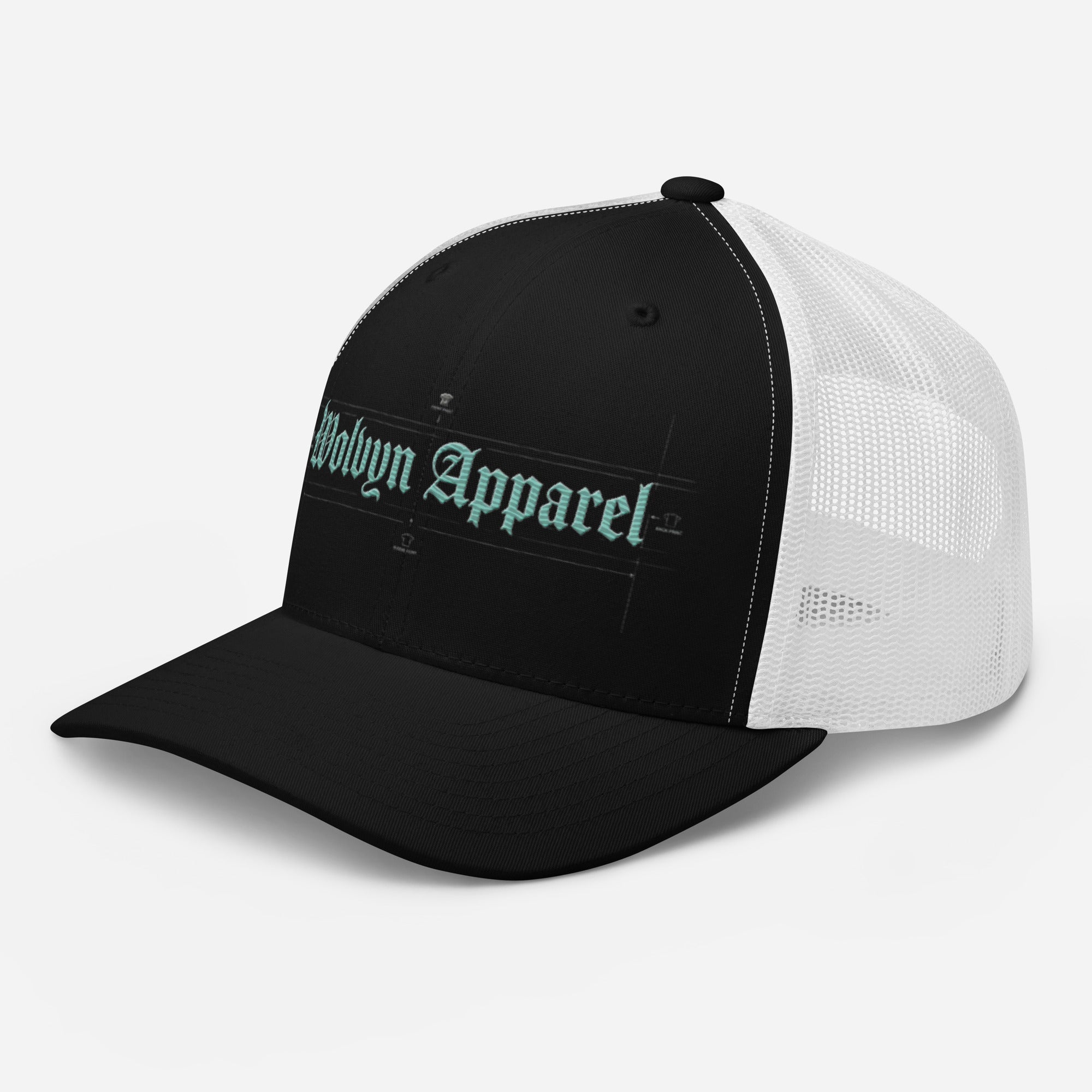 Black and white mid-profile trucker cap embroidered with Wolvyn Apparel logo on front panel