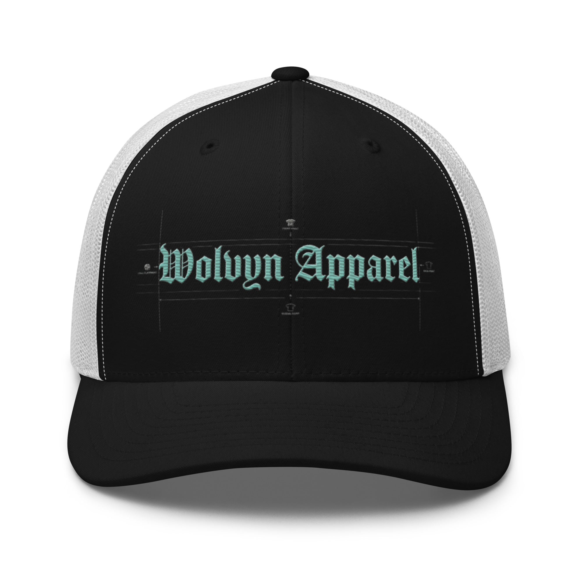Black and white embroidered trucker cap with blueprint design and gothic text on front panel