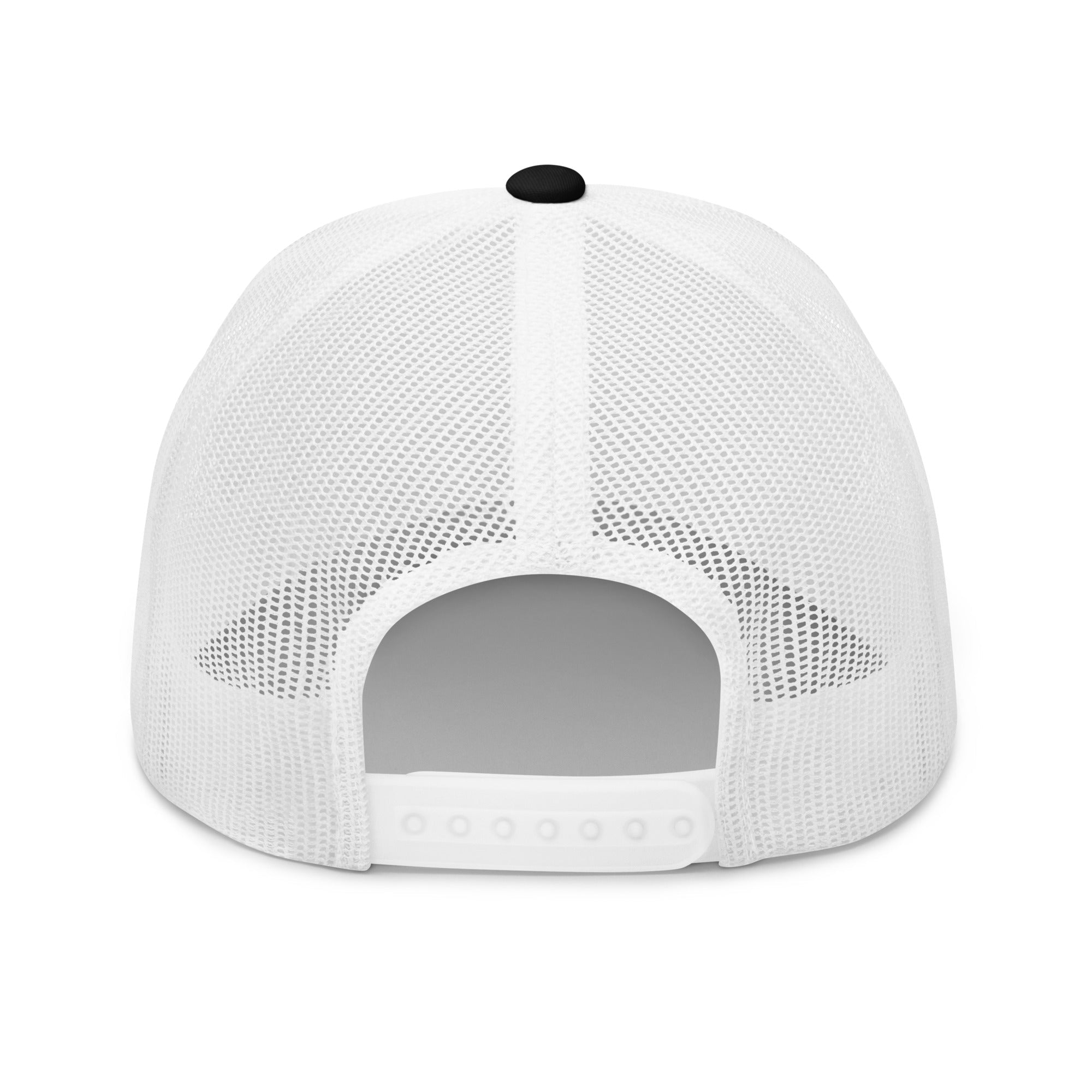 Back view of white mesh trucker cap with adjustable snapback closure
