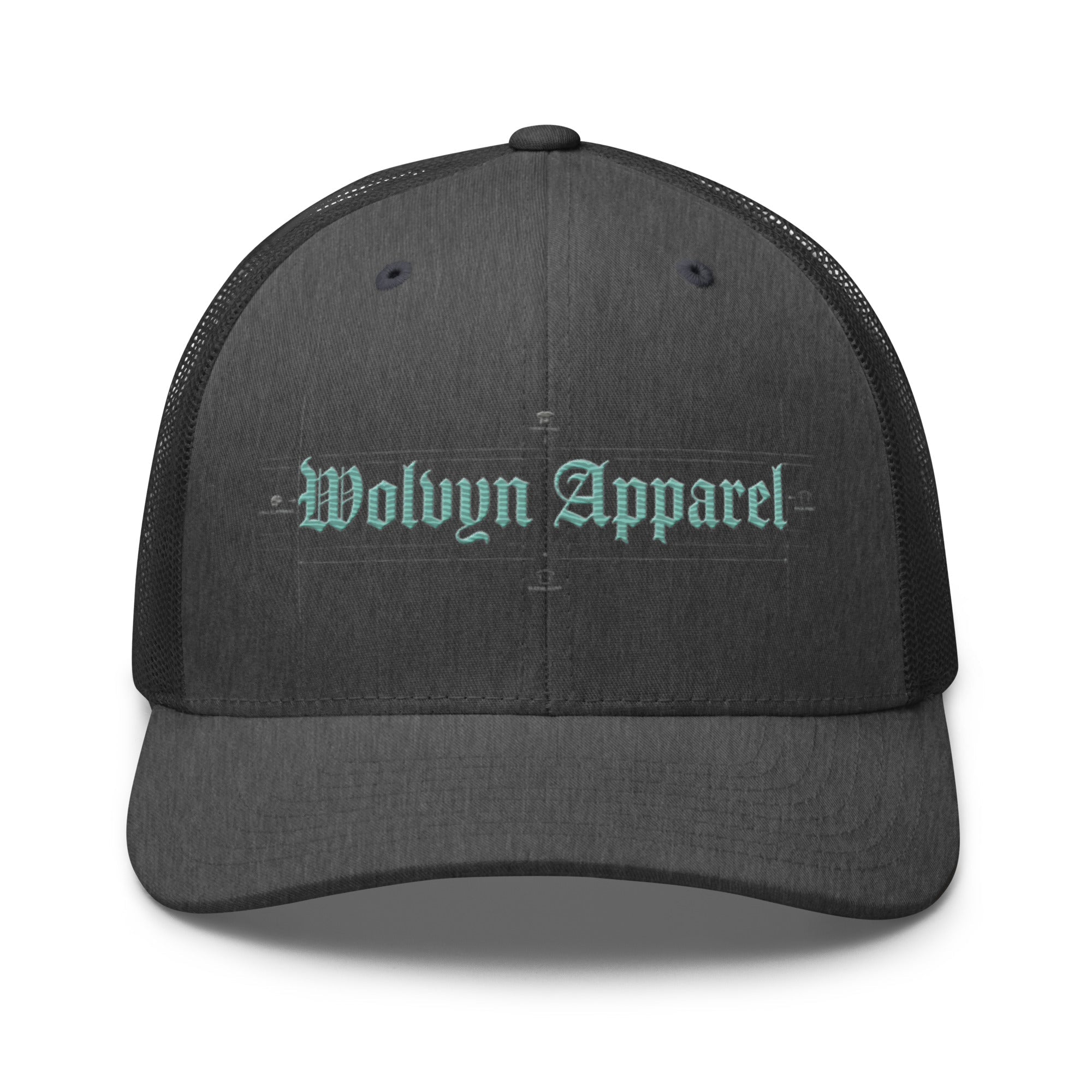Mid-profile charcoal trucker cap with mesh back and mint embroidered gothic text on front