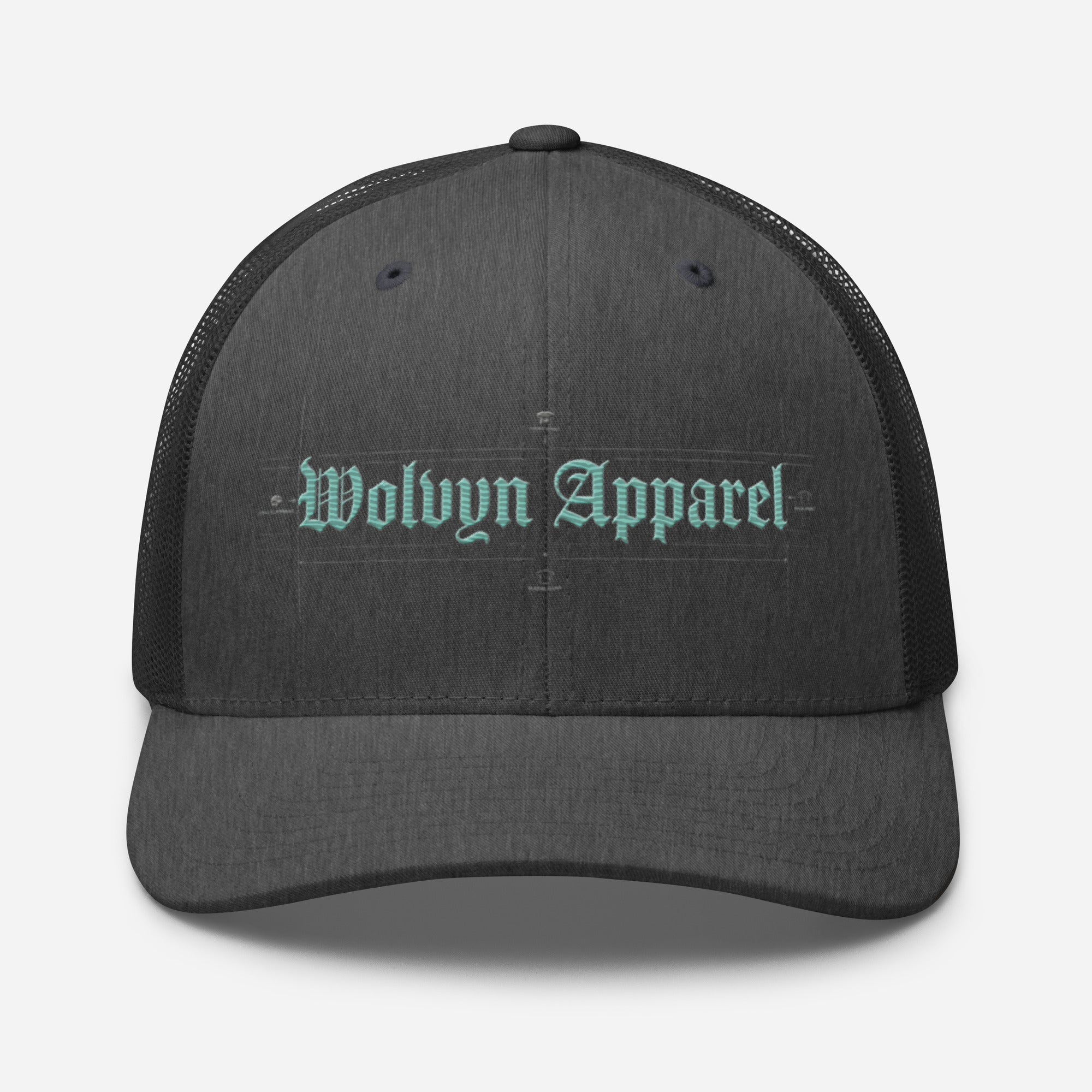 Mid-profile charcoal trucker cap with mint embroidered Wolvyn Apparel gothic text