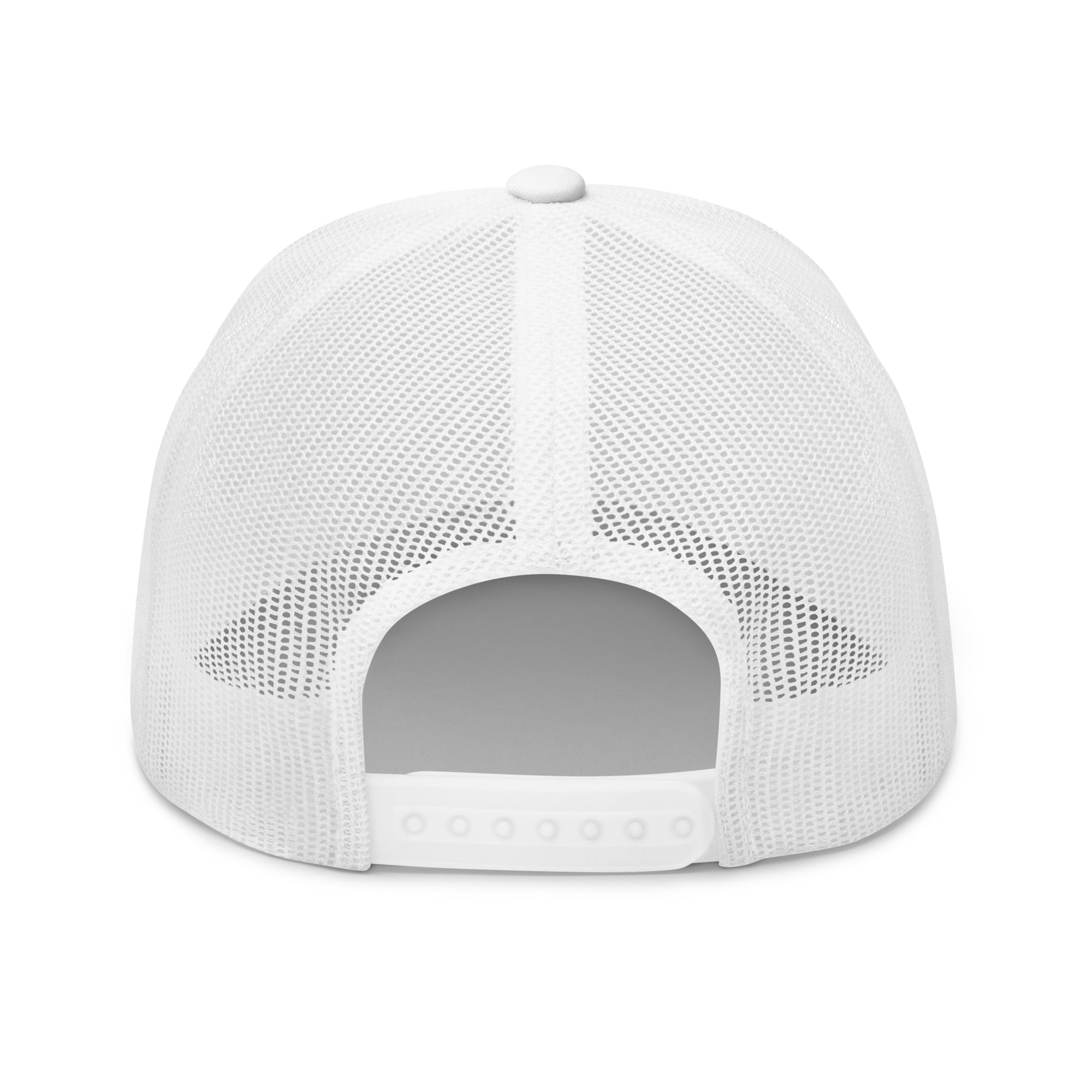 Back view of white mesh trucker cap with adjustable snapback closure