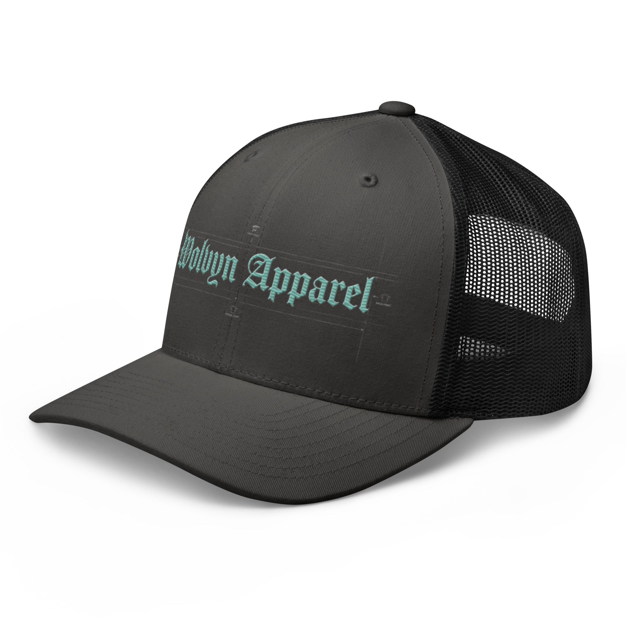 Black mid-profile trucker cap with mesh back and embroidered Gothic text on front