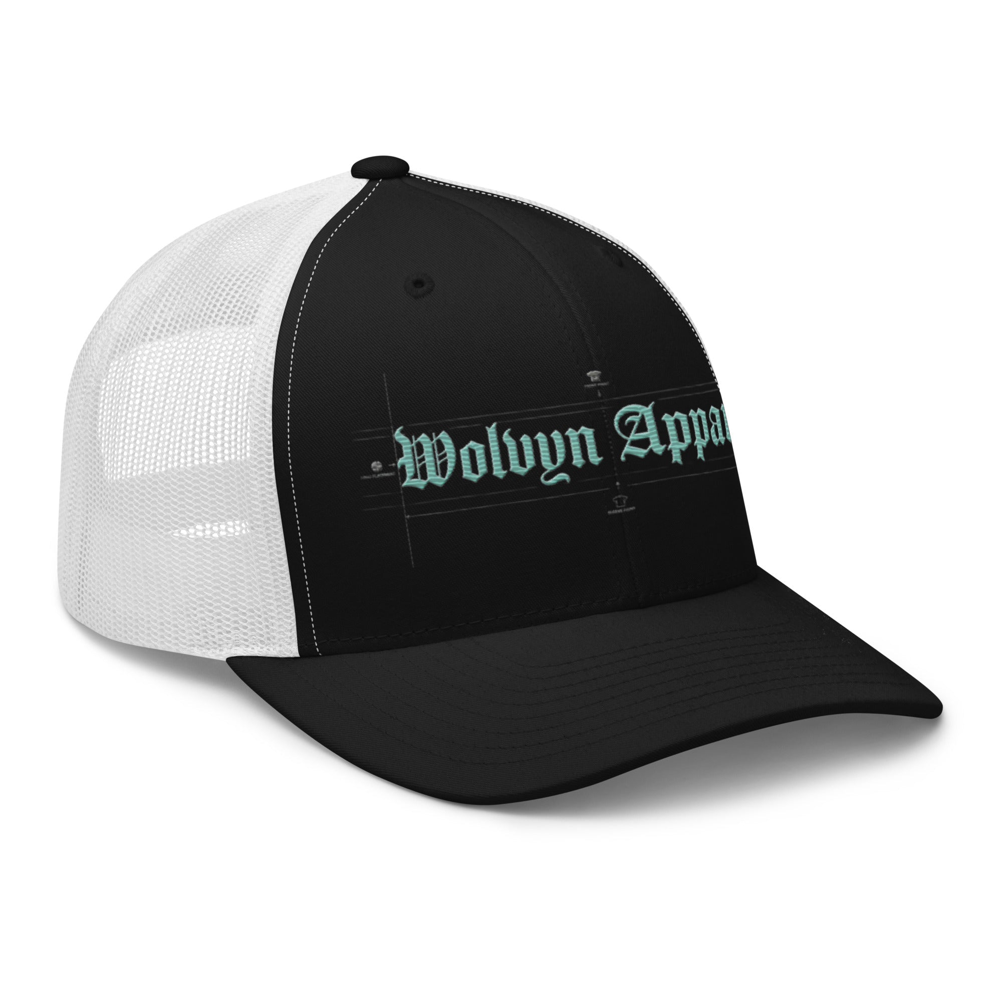 Black and white mid-profile trucker cap with embroidered gothic text on the front panel
