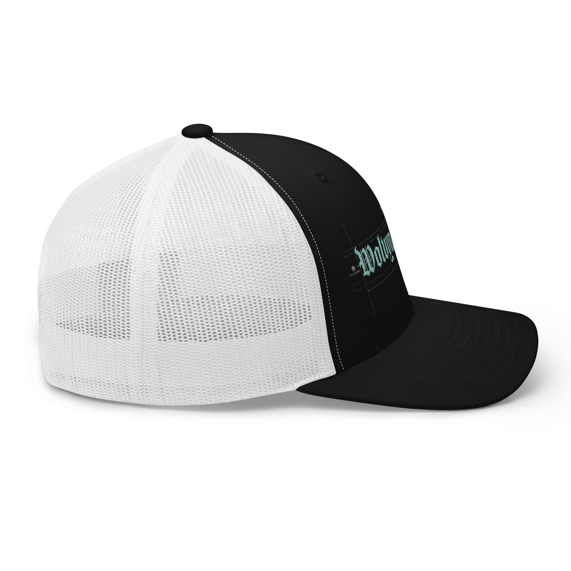 Mid-profile black and white mesh trucker cap with blue embroidered lettering on front