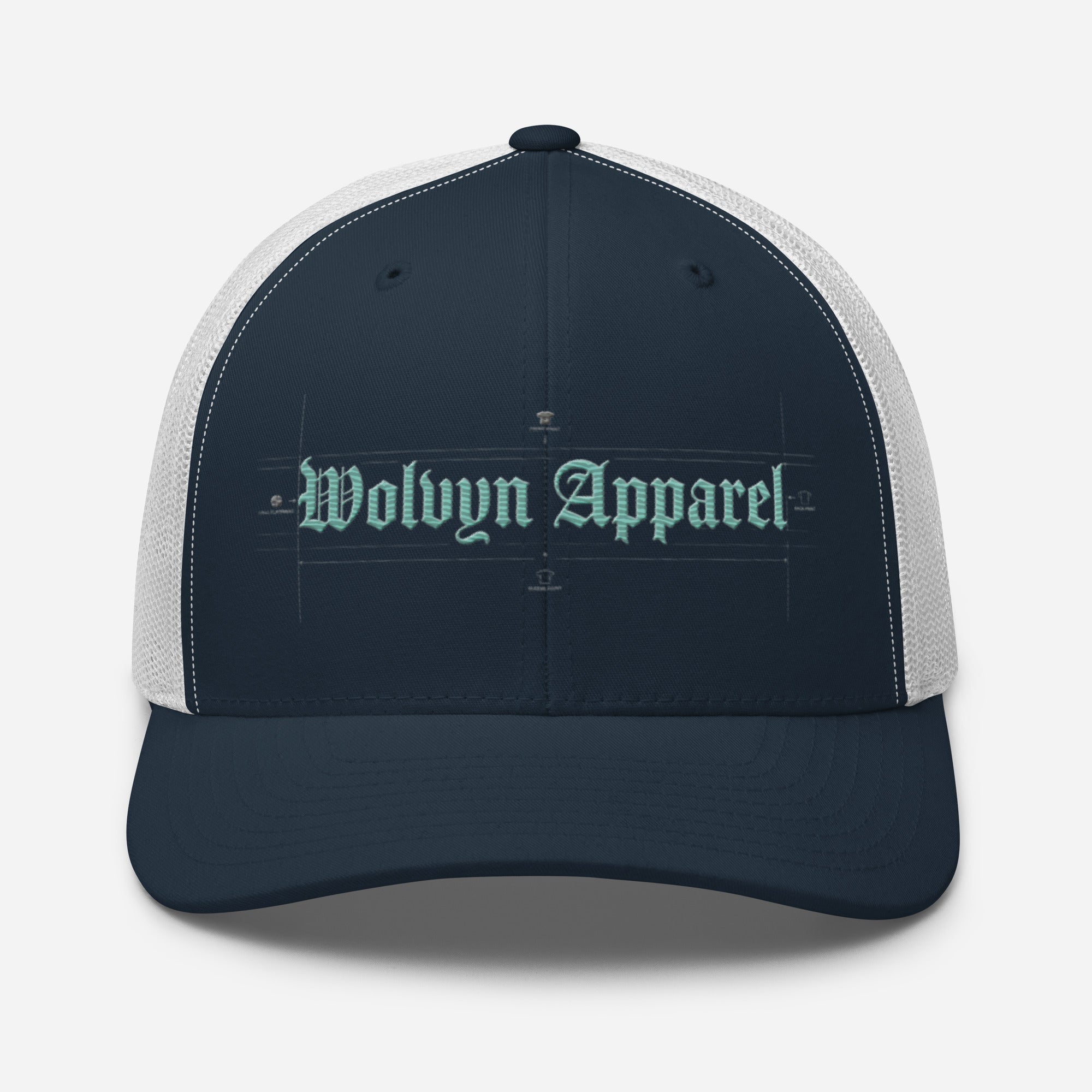 Navy blue and white trucker cap with embroidered 'Wolvyn Apparel' gothic text on front