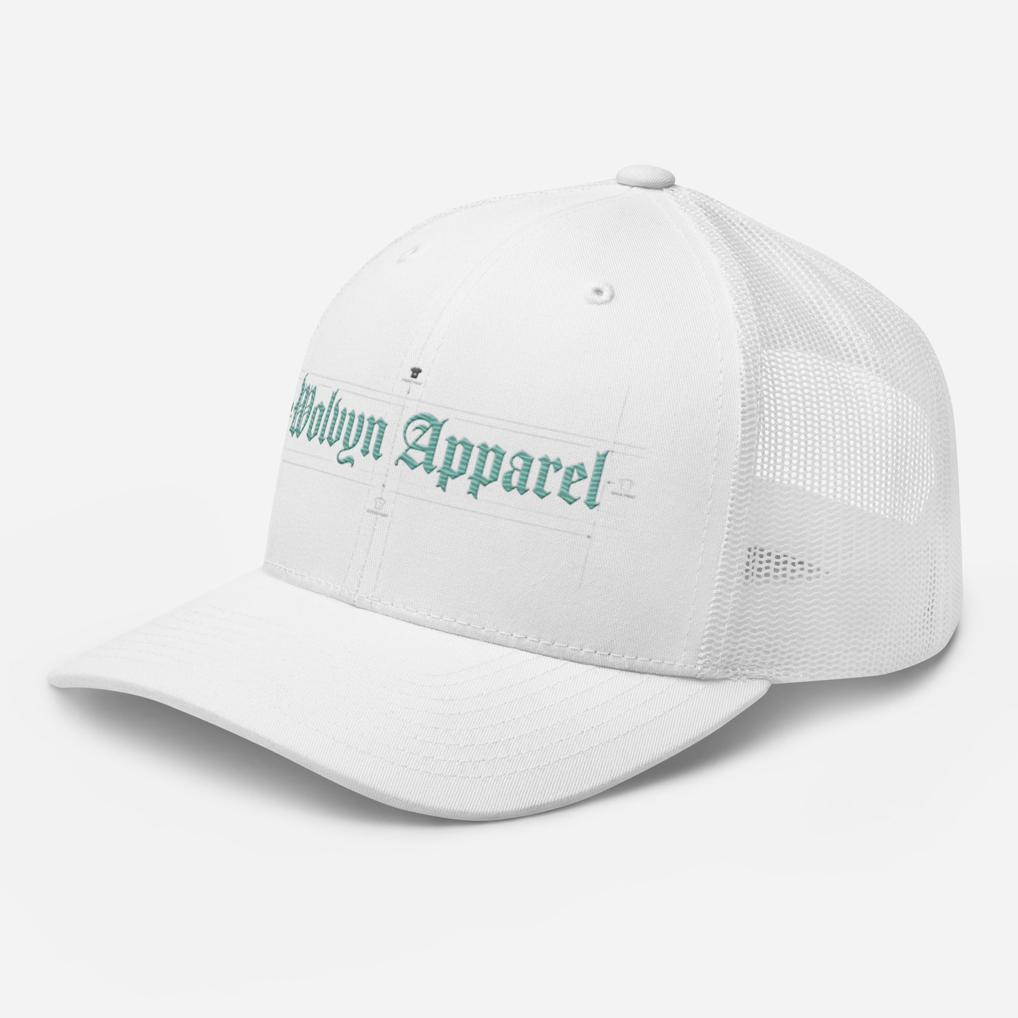 White mid-profile trucker cap with mesh back and light blue embroidered gothic script logo
