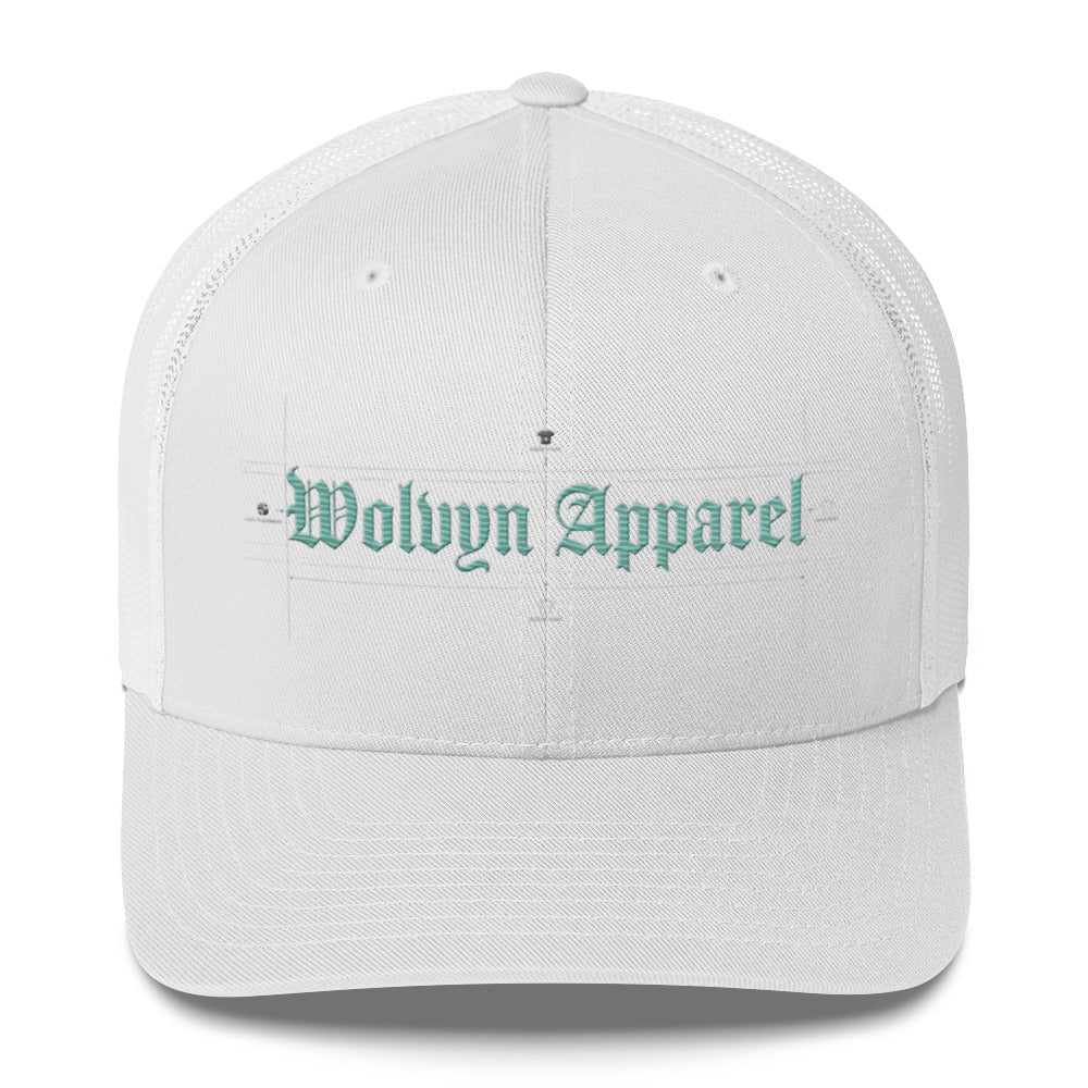 White mid-profile trucker cap with embroidered Wolvyn Apparel text on the front