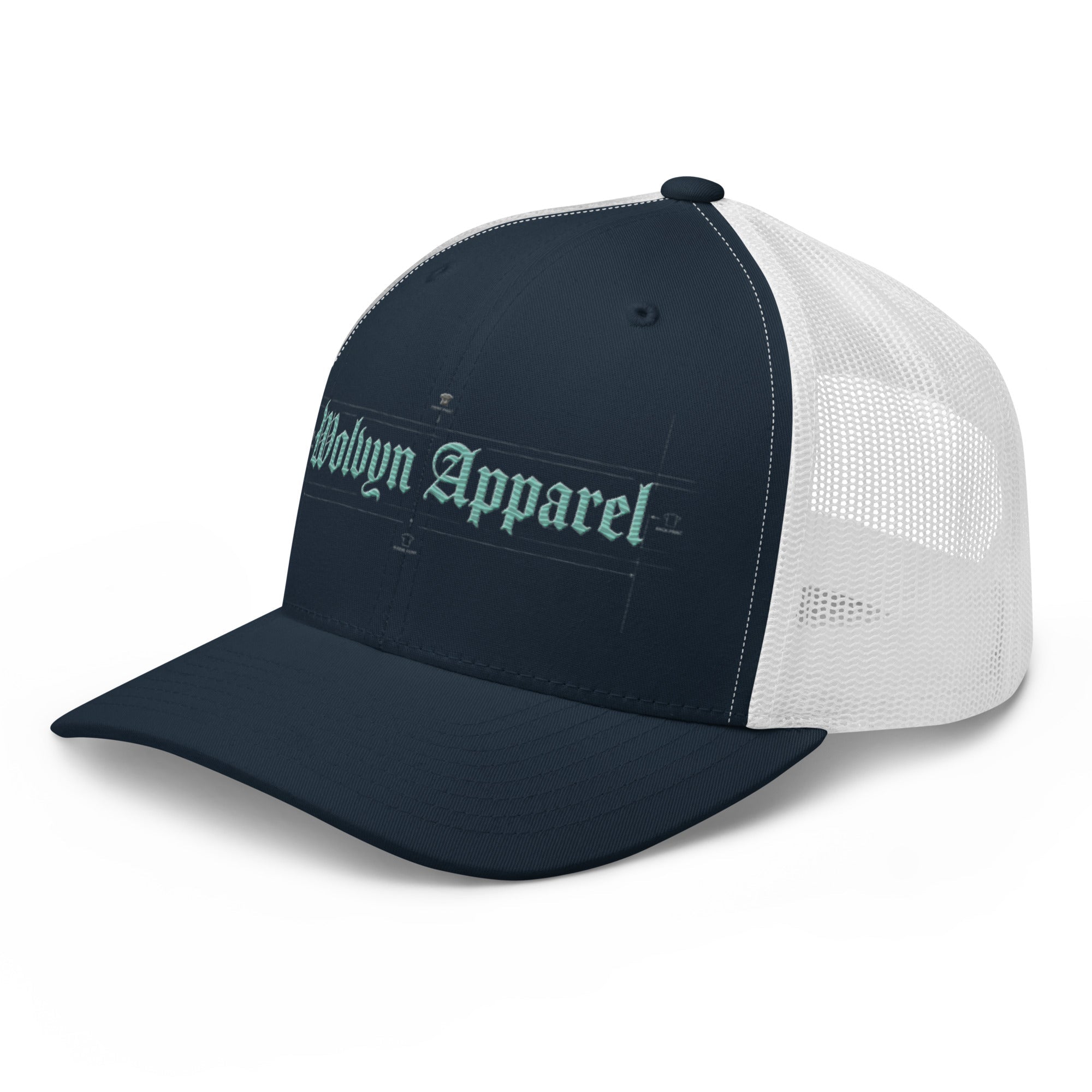 Navy and white mid-profile trucker cap with embroidered gothic text and mesh back