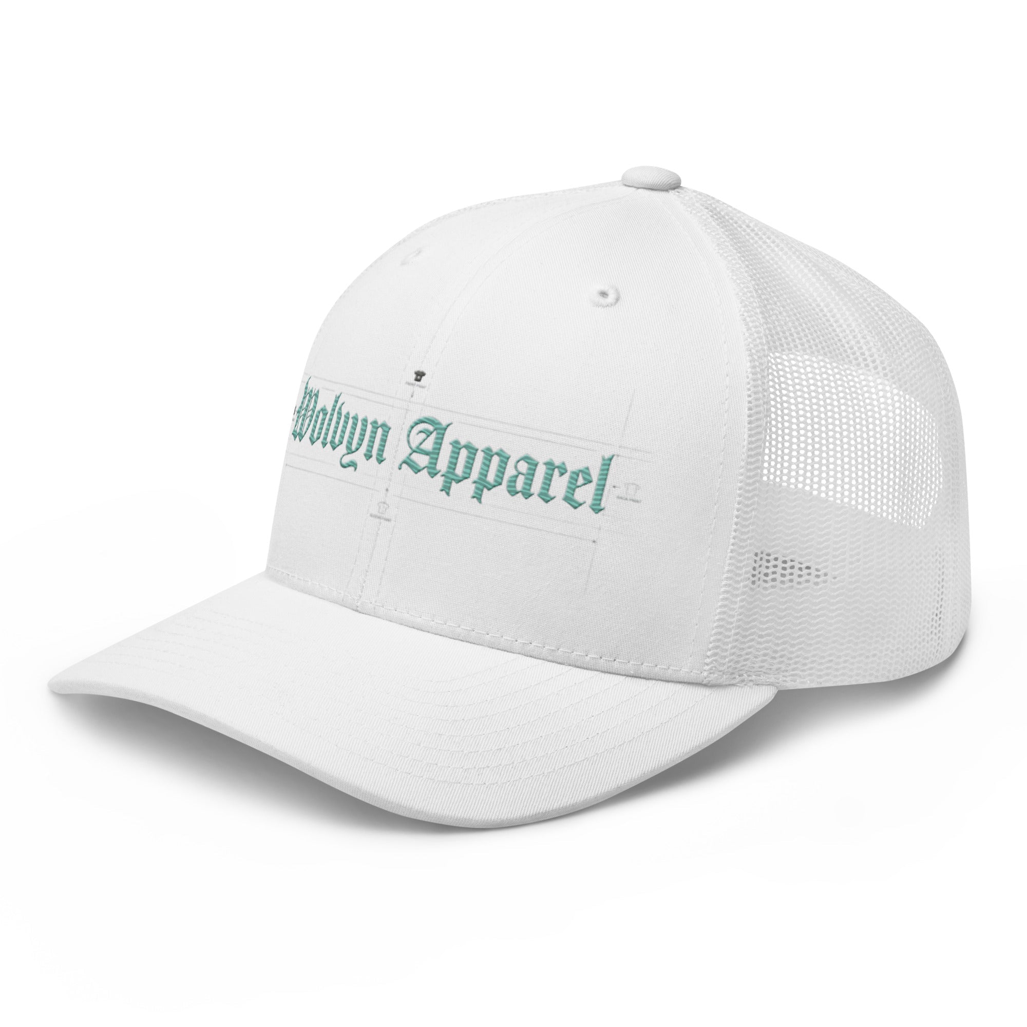 White embroidered mid-profile trucker cap with mesh back and gothic script text on front