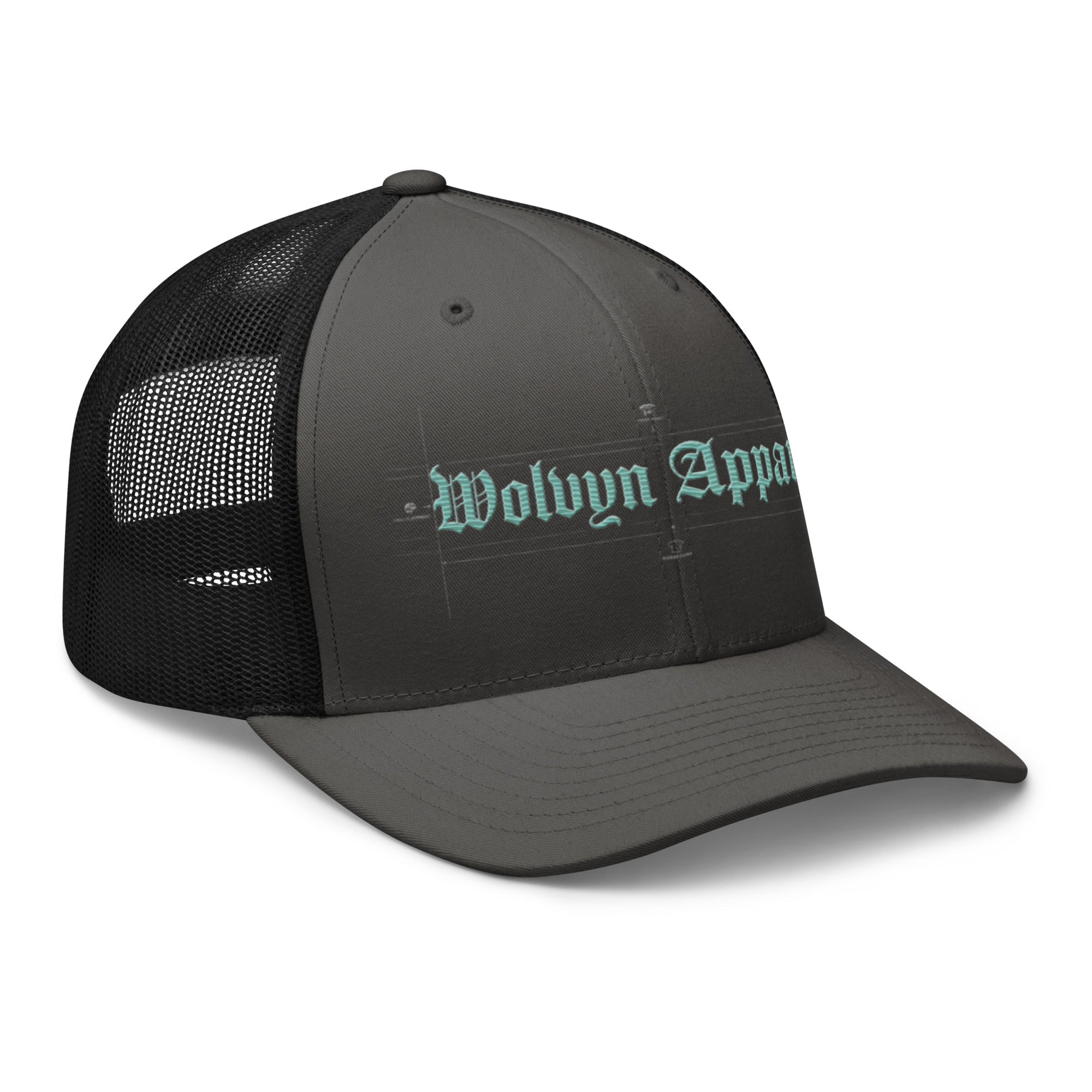 Black and gray mid-profile trucker cap with mesh back and embroidered gothic lettering on front