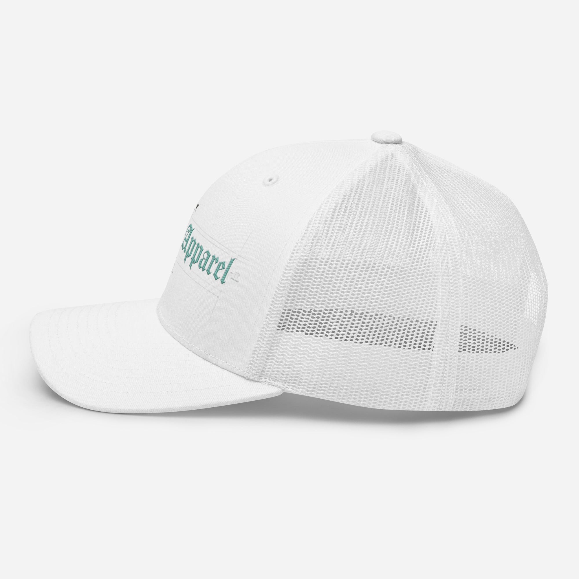 White mid-profile trucker cap with mesh back and teal embroidered design on front panel