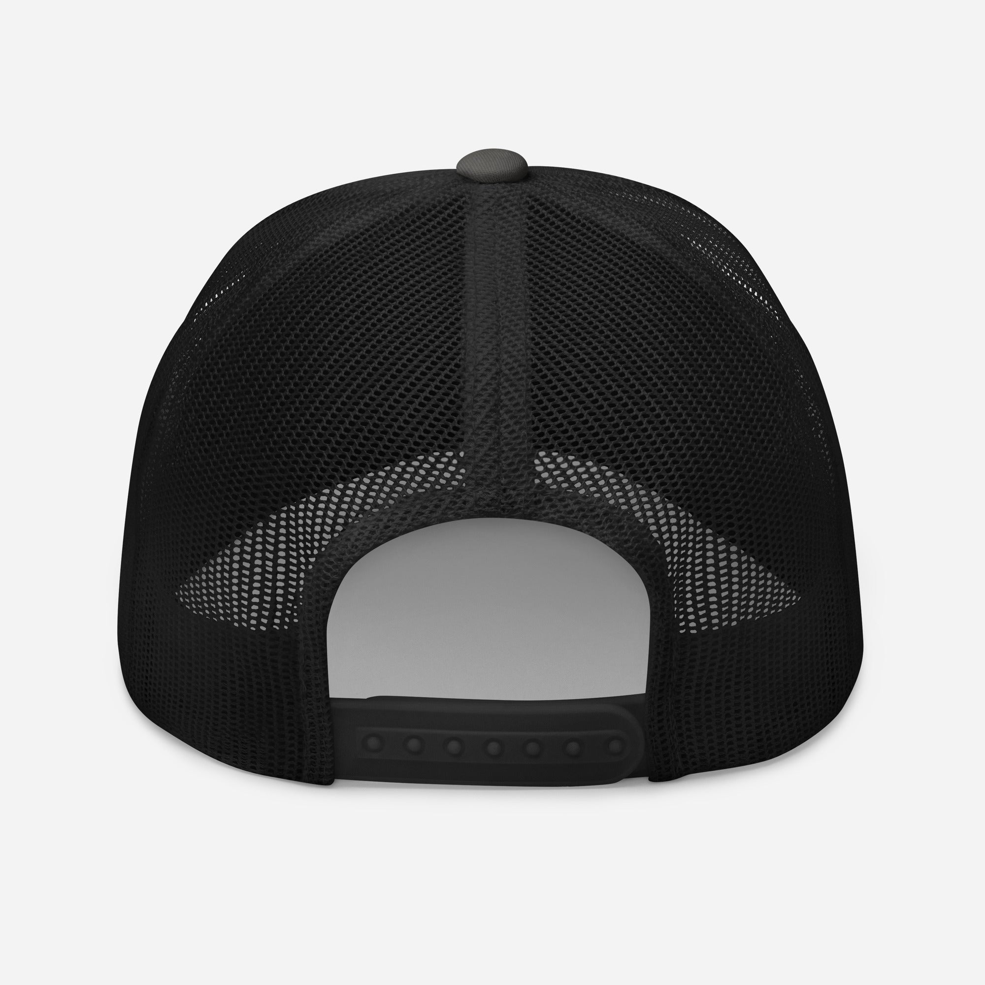 Black mesh back trucker cap with adjustable snapback closure, rear view on white background