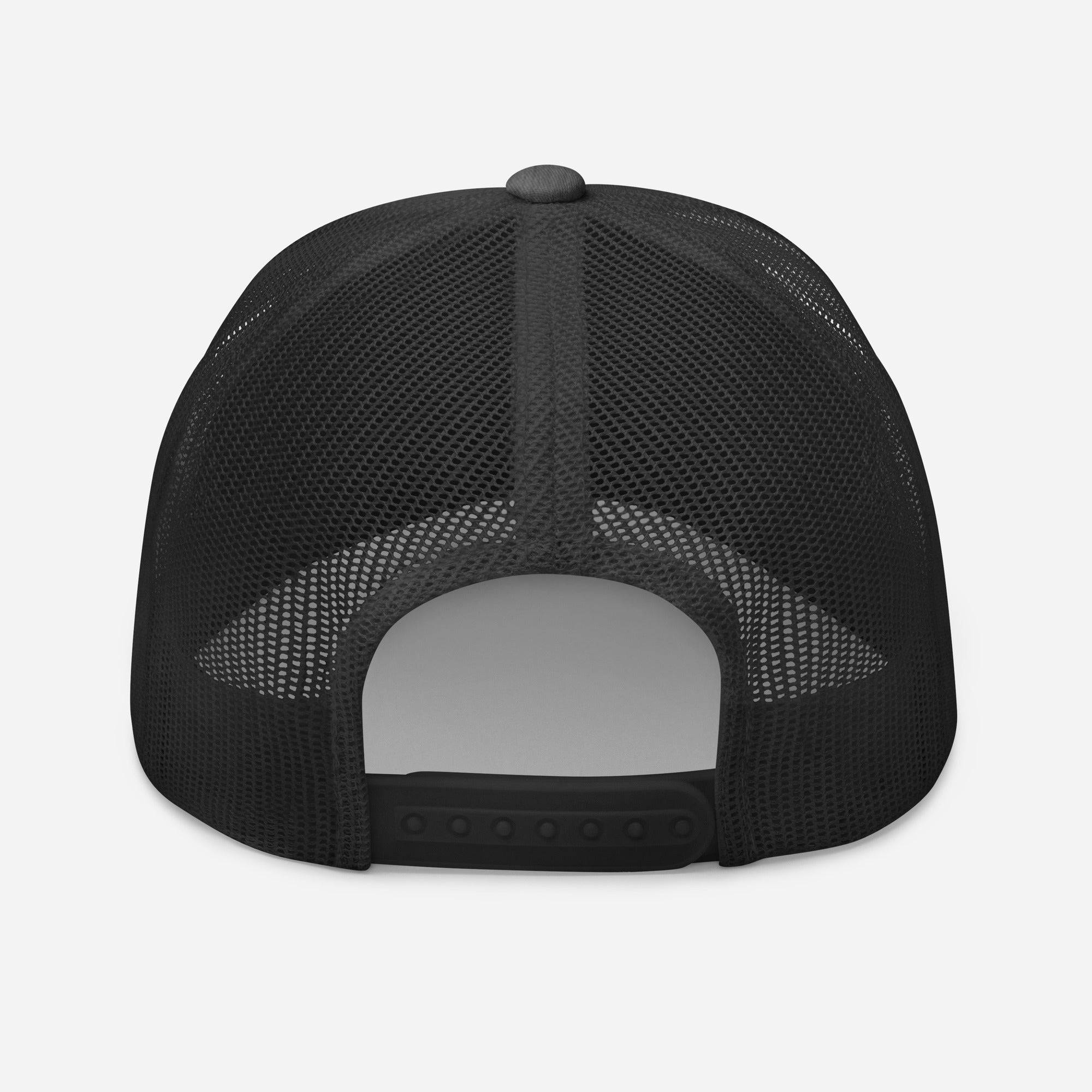 Back view of a black mesh trucker cap with adjustable snapback closure