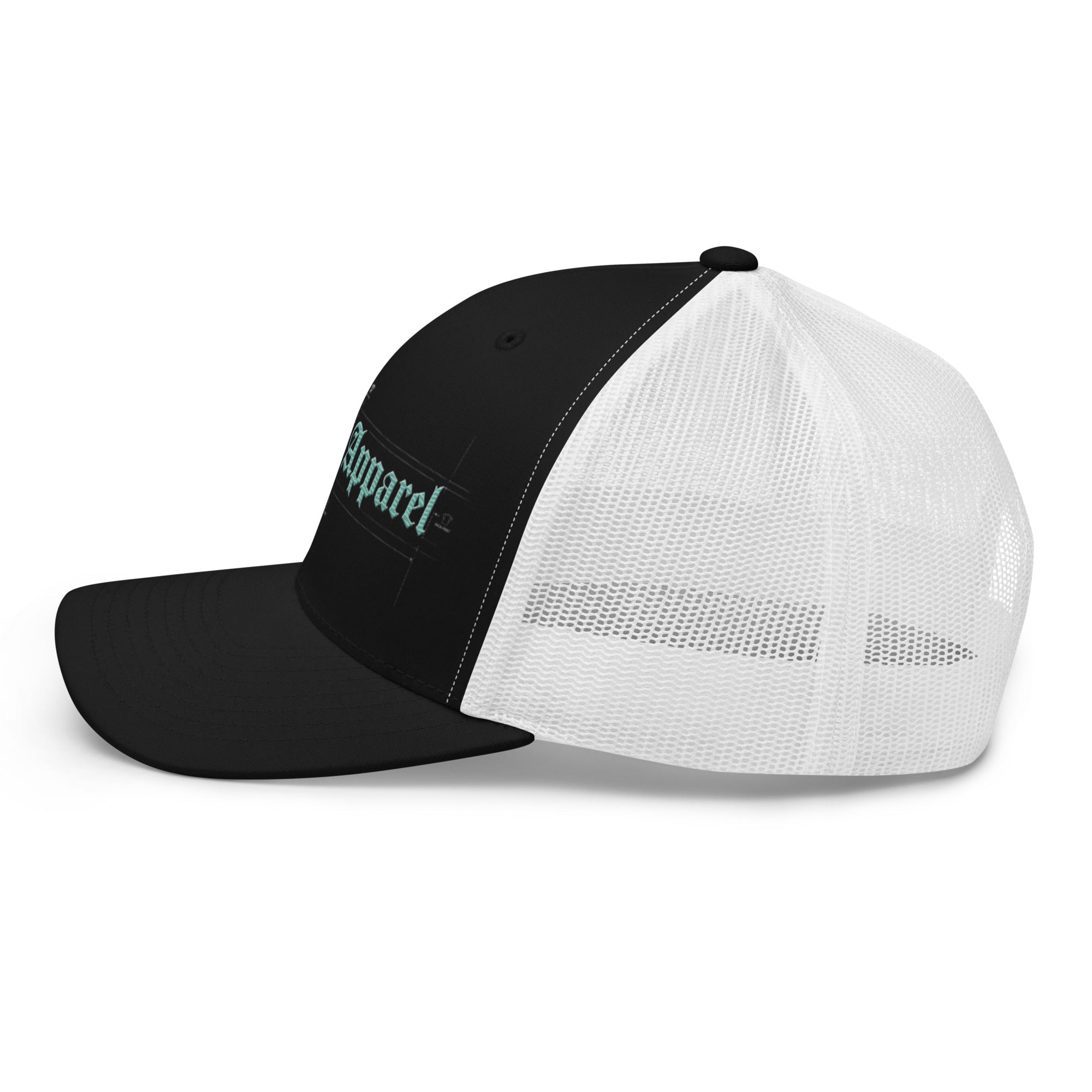 Black and white mid-profile trucker cap with embroidered text and mesh back panel