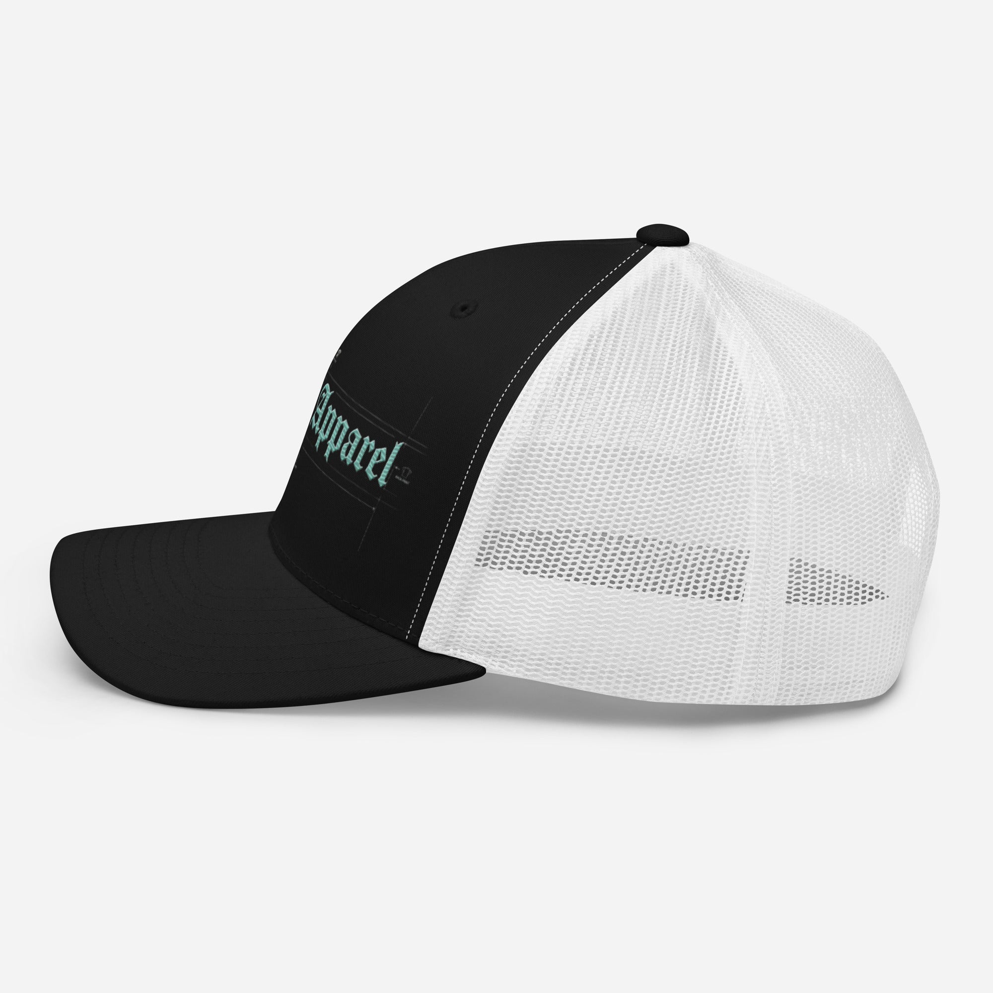 Black and white mid-profile trucker cap with teal embroidered script and mesh back panel
