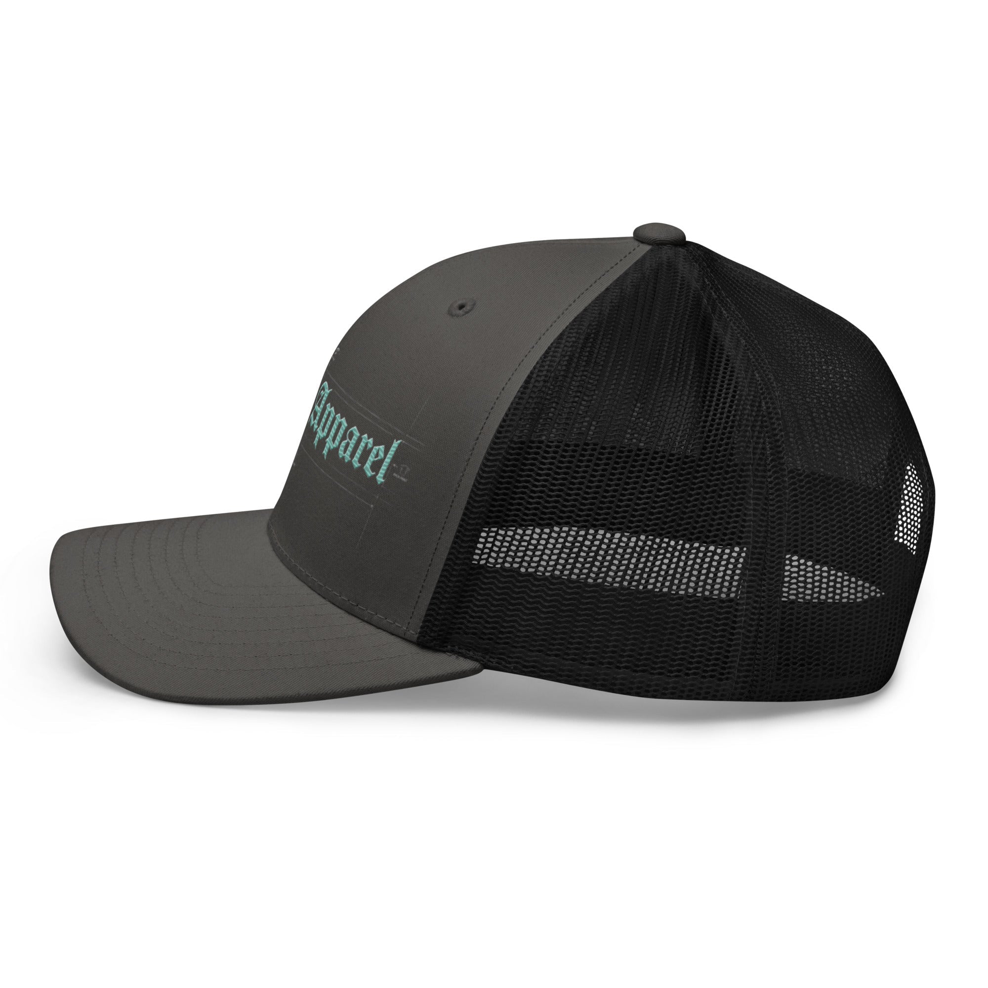 Gray mid-profile embroidered trucker cap with black mesh back on white background