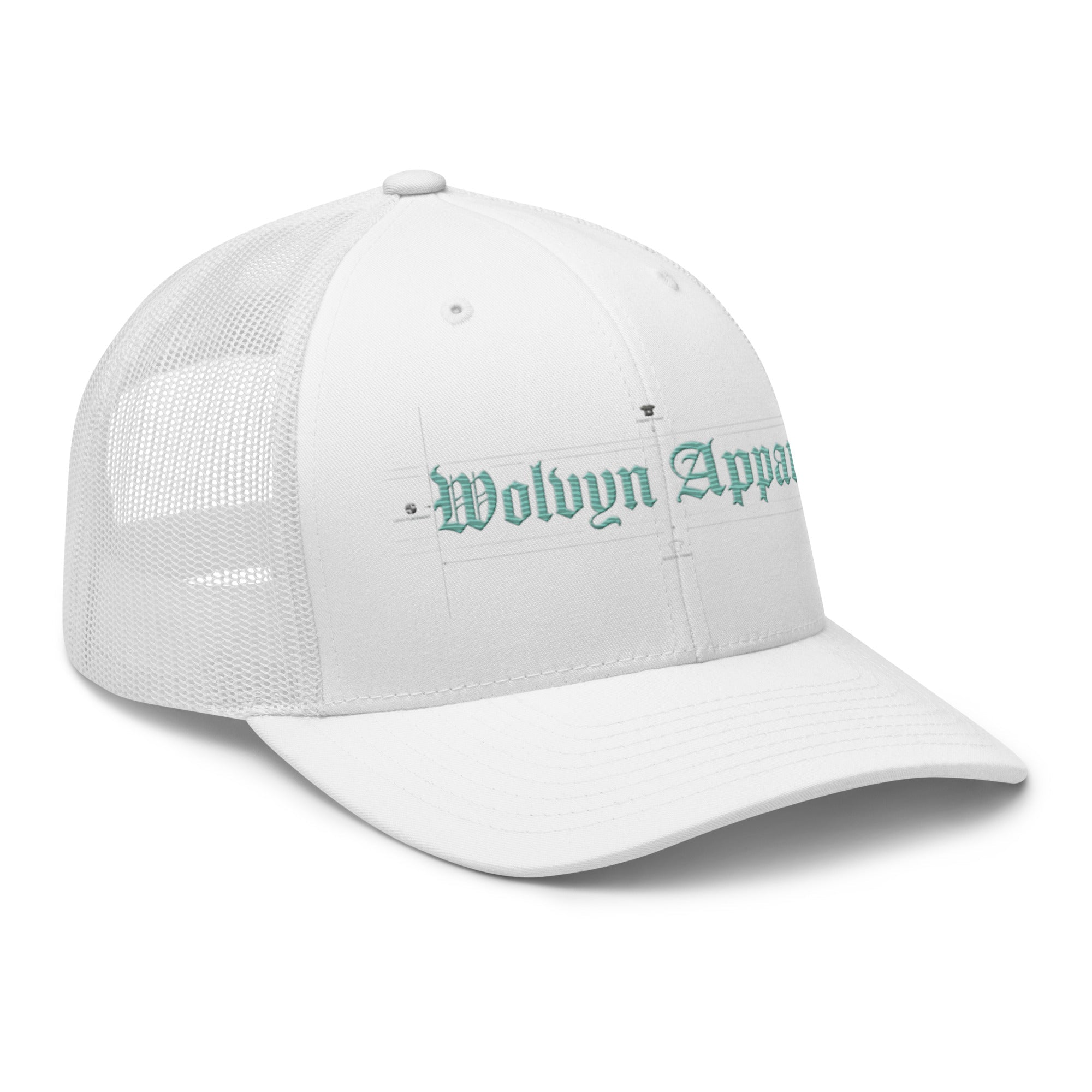 White mid-profile trucker cap with mesh back and teal embroidered gothic text on front