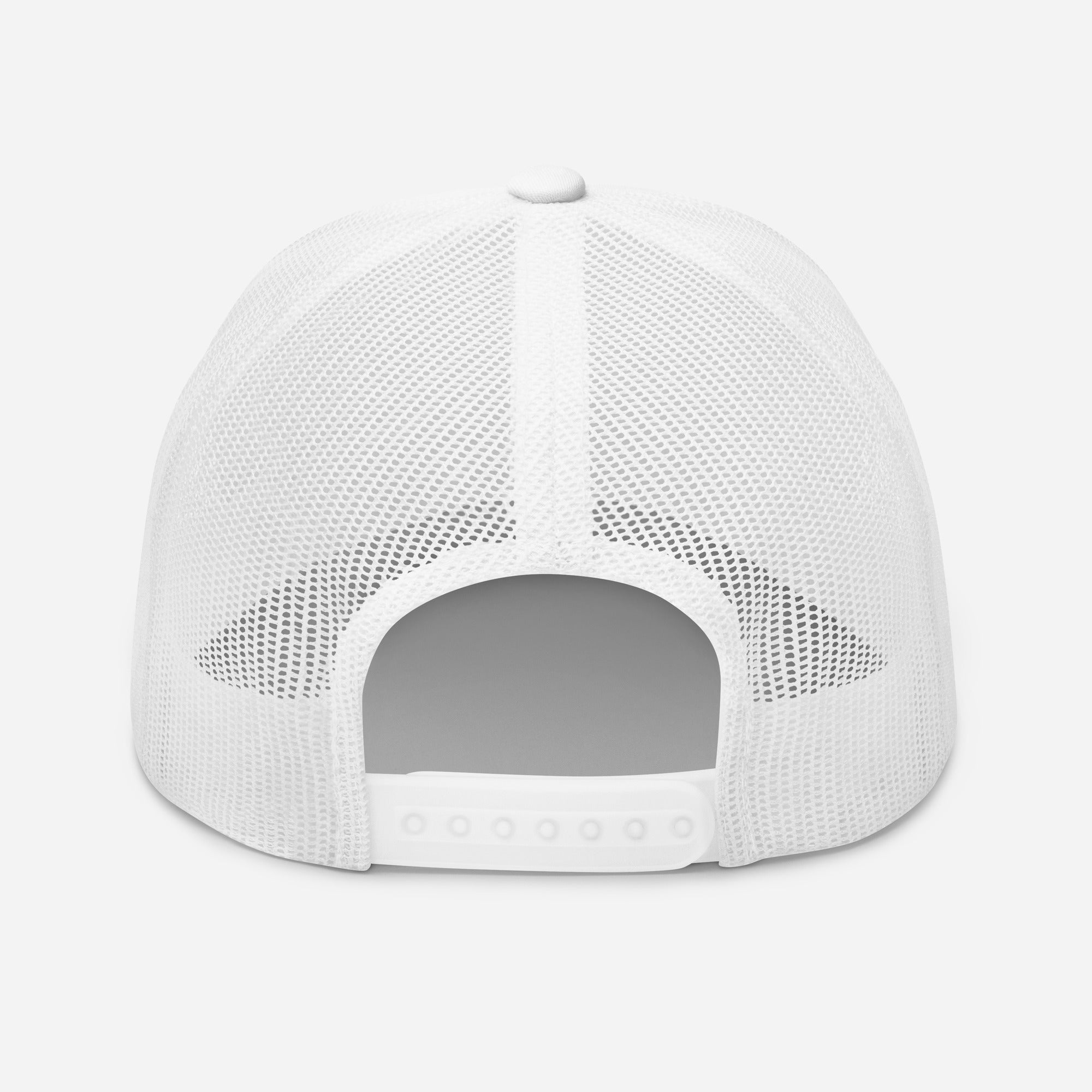 Back view of a white mesh mid-profile trucker cap with adjustable snap closure