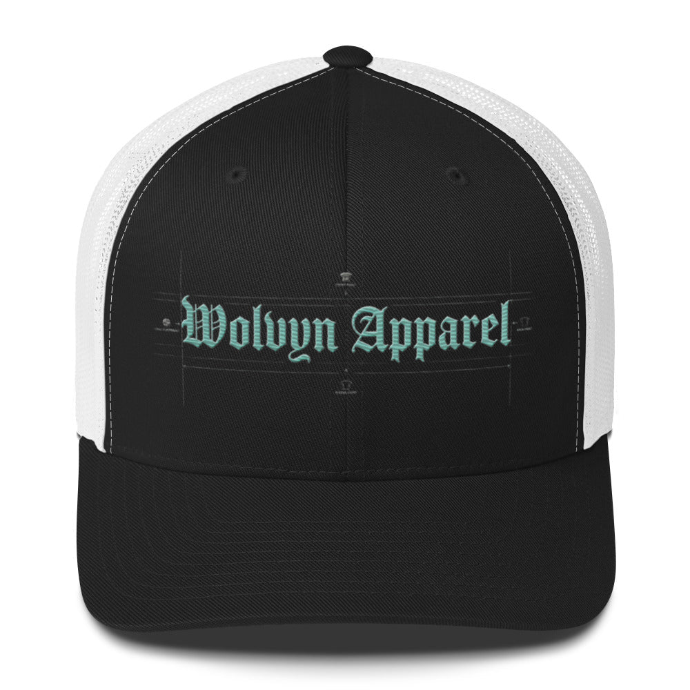 Black and white trucker cap with mesh back and embroidered Wolvyn Apparel logo text