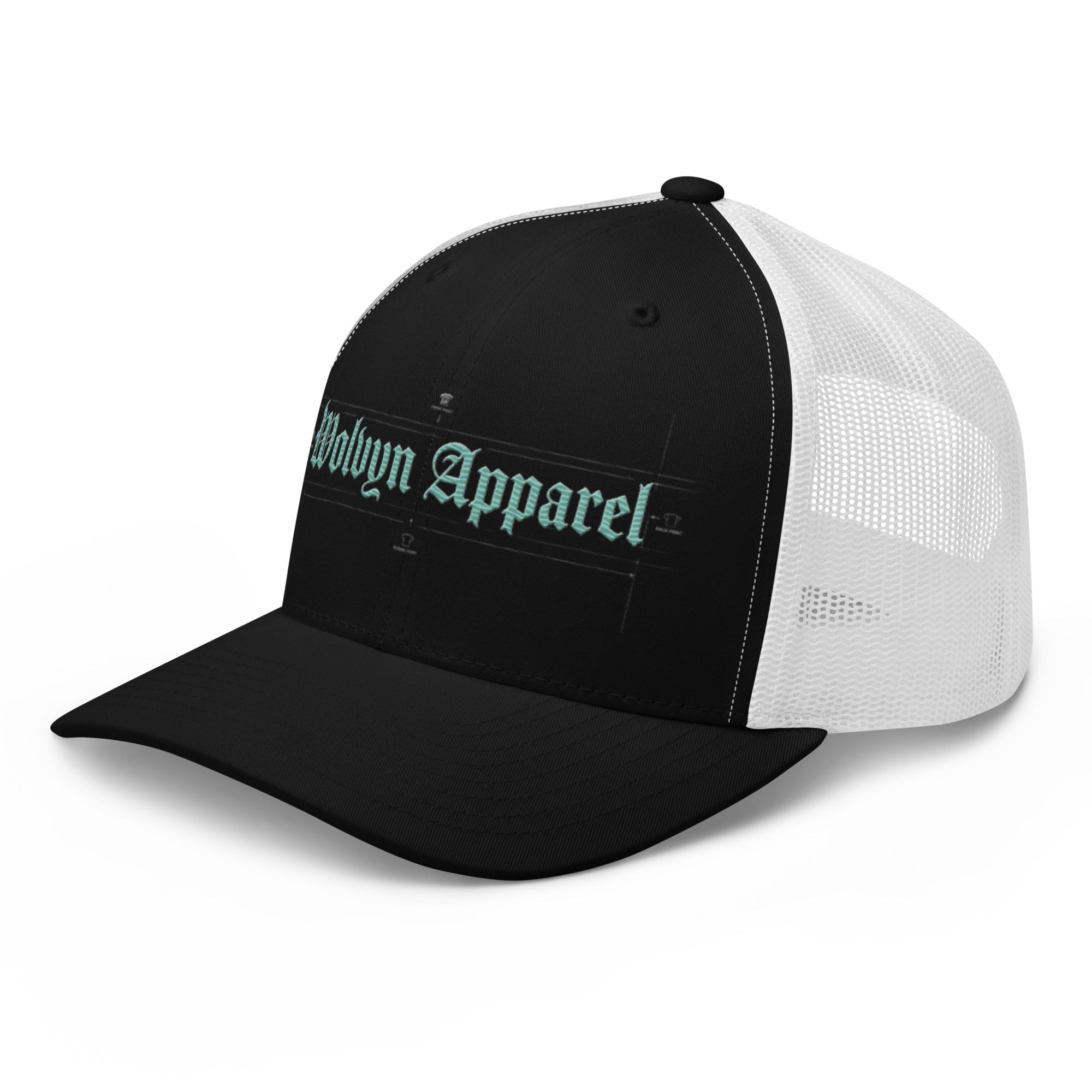 Black and white mid-profile embroidered trucker cap with mesh back and blueprint design text