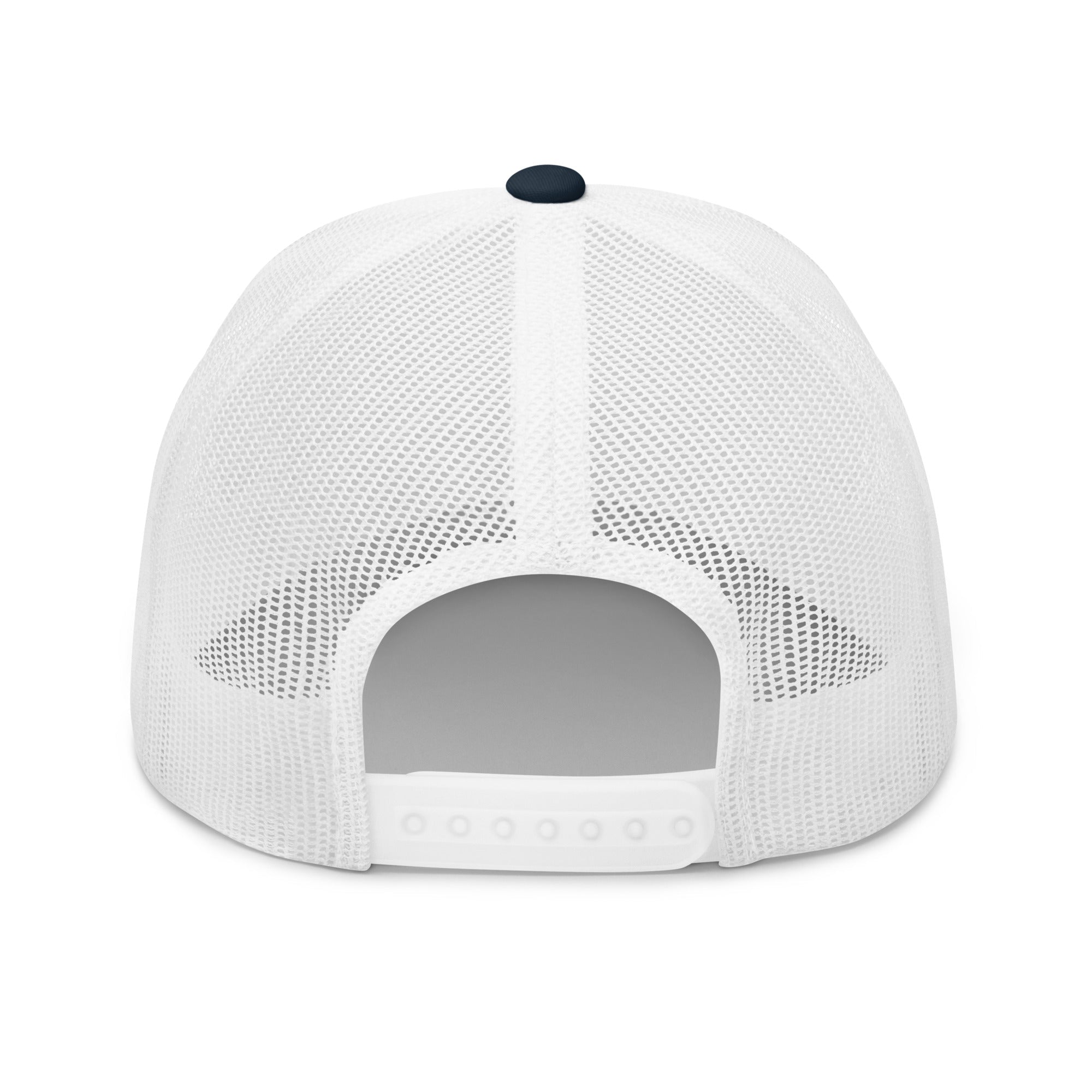 Back view of white mesh trucker cap with adjustable snapback closure