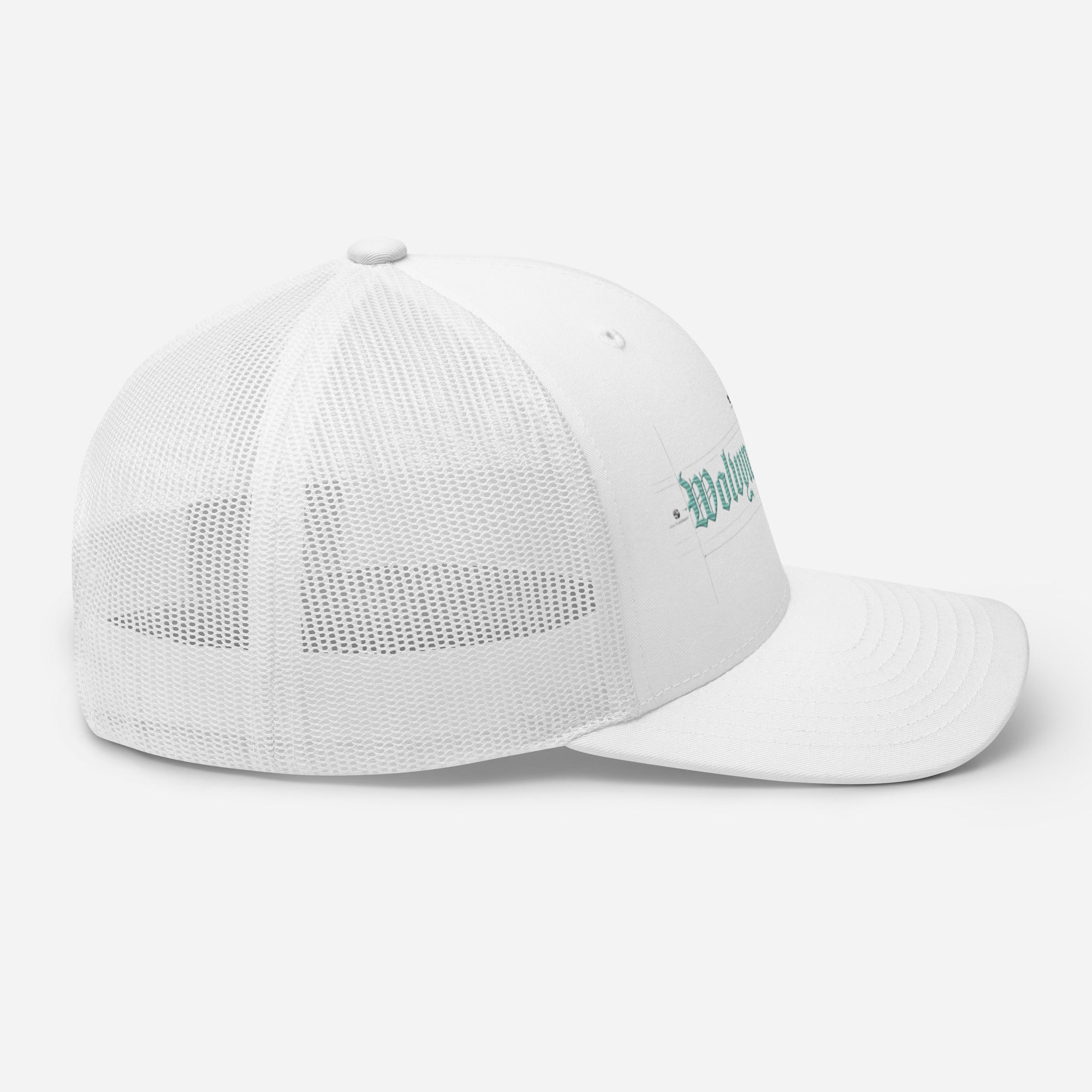 White mid-profile trucker cap with mesh back and embroidered front logo, side view