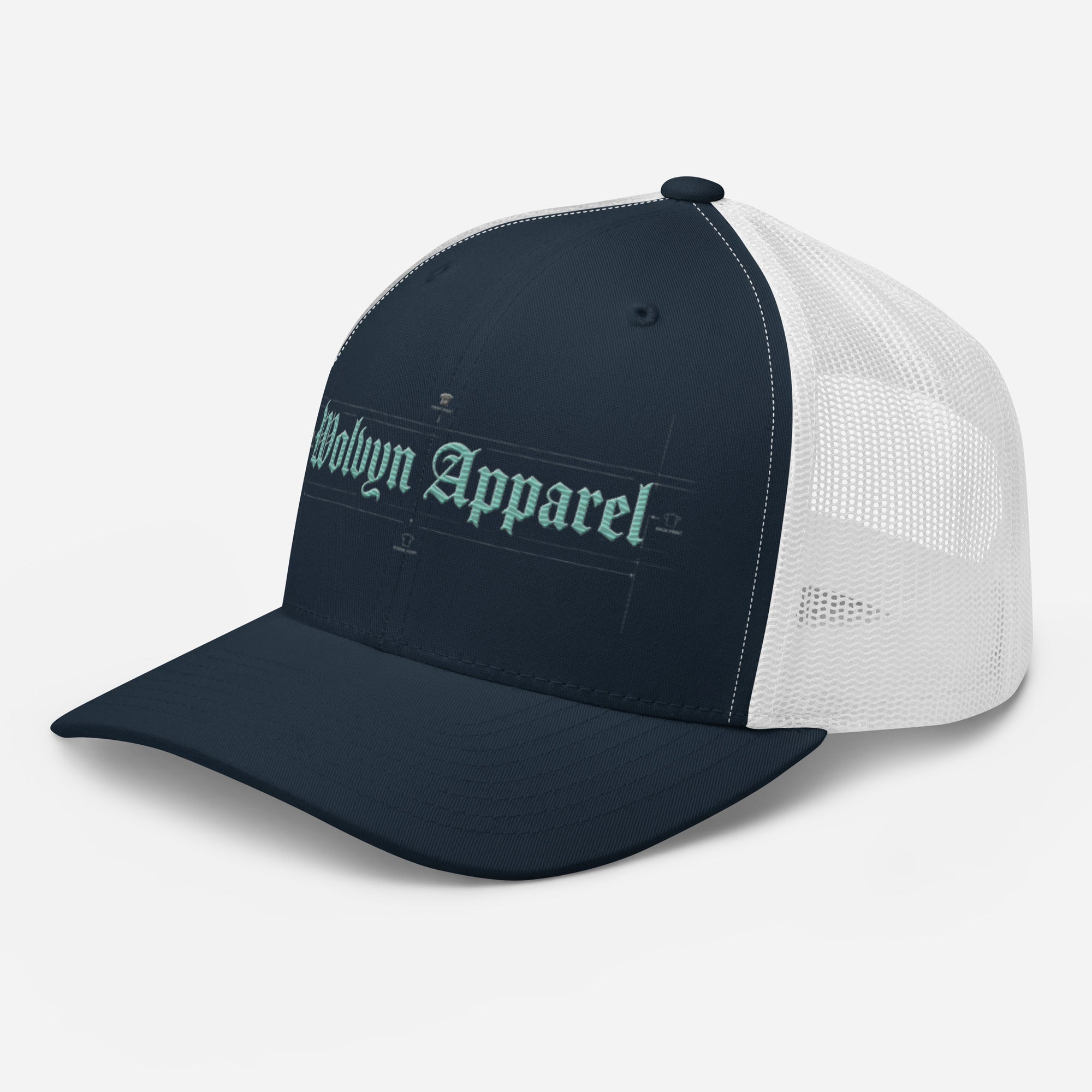 Navy blue and white mid-profile trucker cap with embroidered gothic text front panel