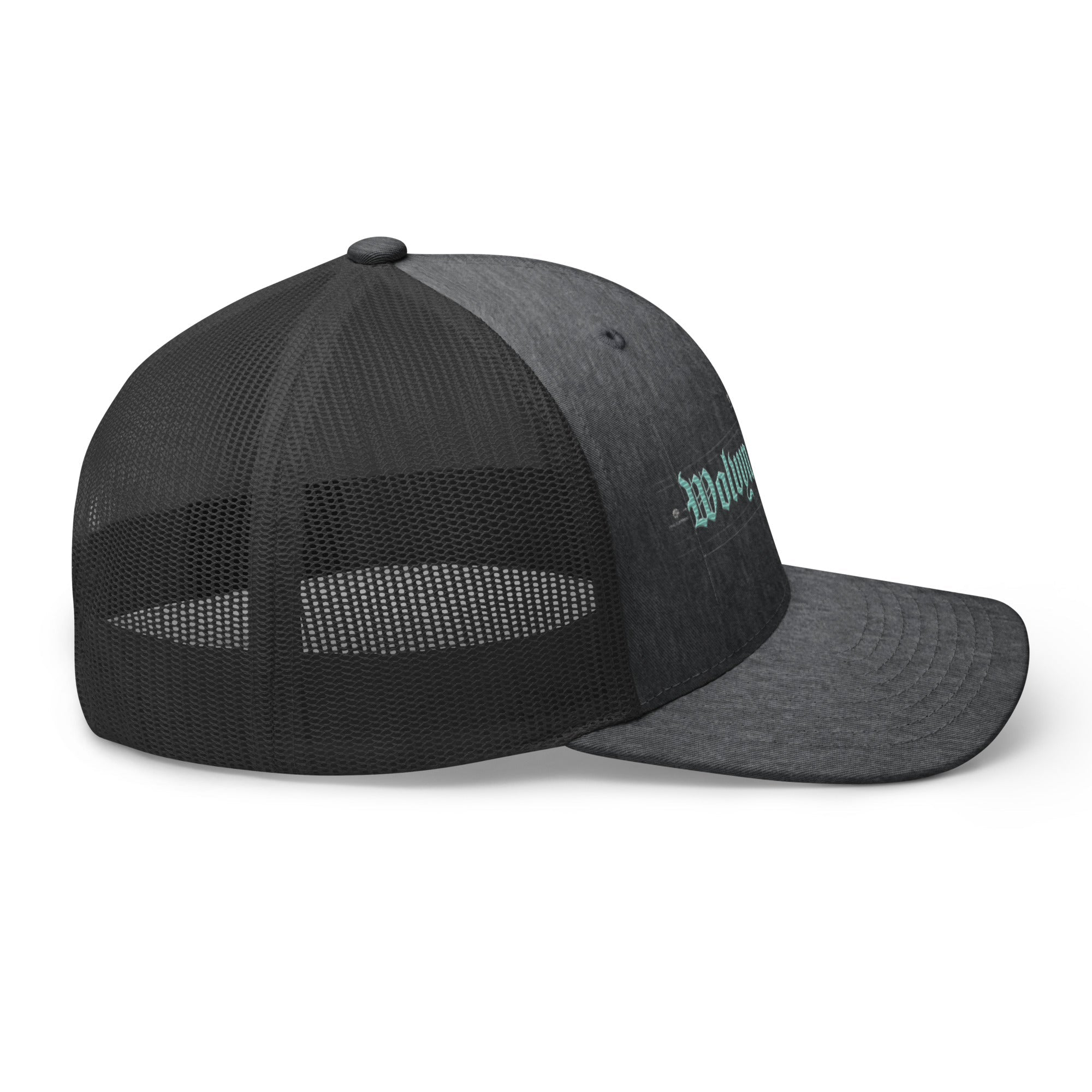 Charcoal gray mid-profile trucker cap with black mesh and front embroidery, side view