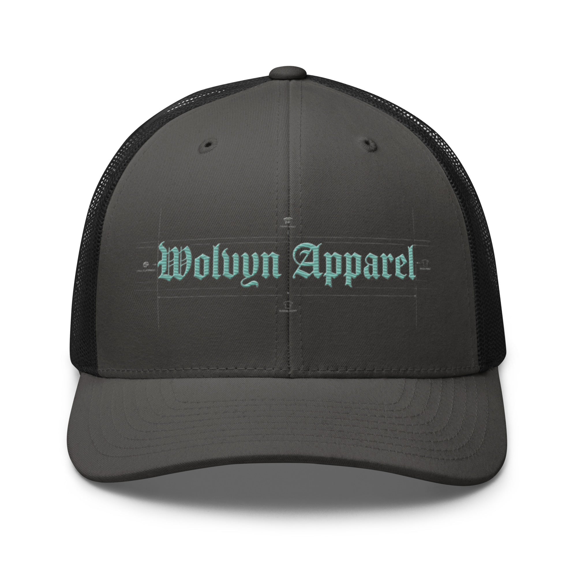 Black mid-profile trucker hat with mesh back and 'Wolvyn Apparel' embroidered on the front.