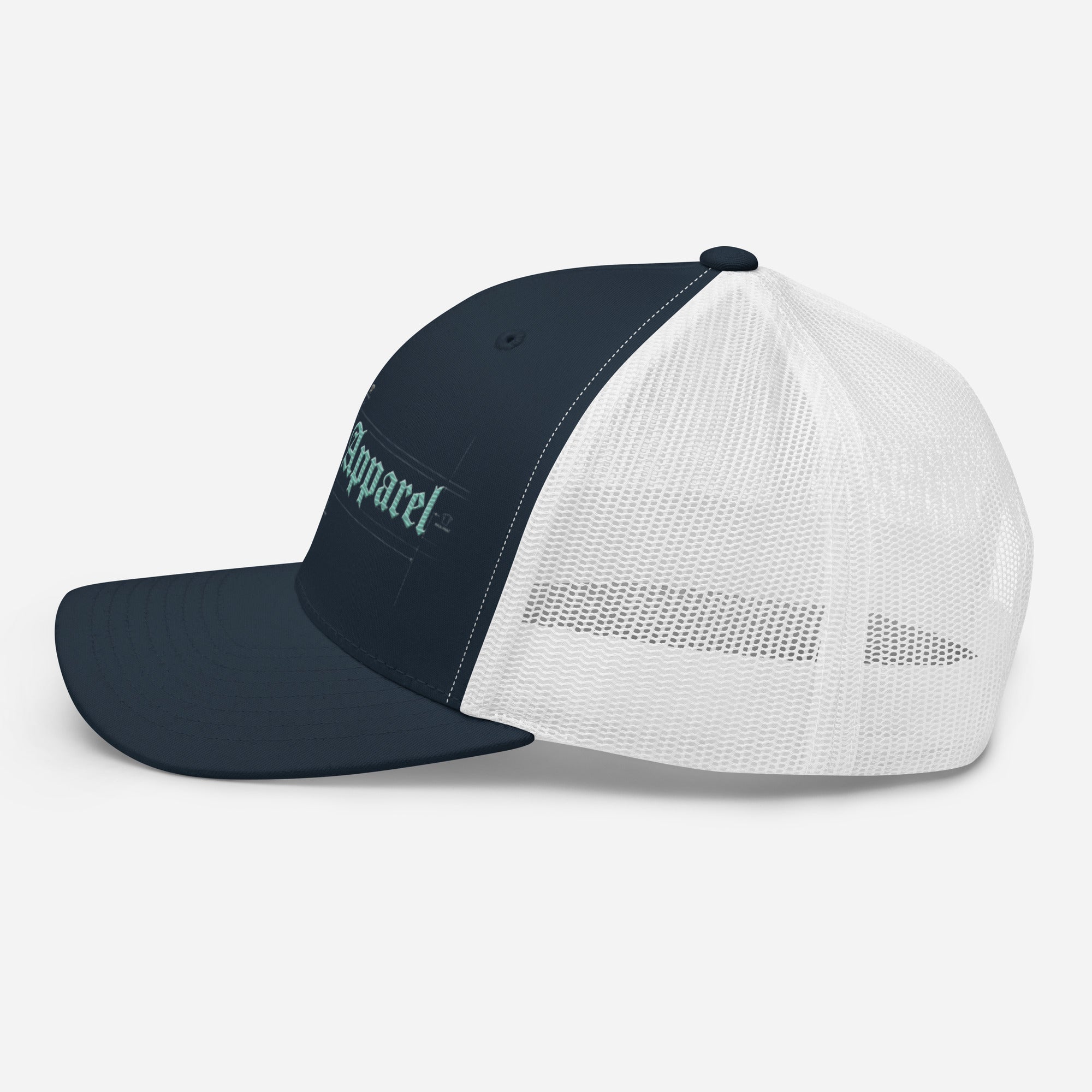 Mid-profile embroidered trucker cap with navy front, white mesh back, and blueprint-style text