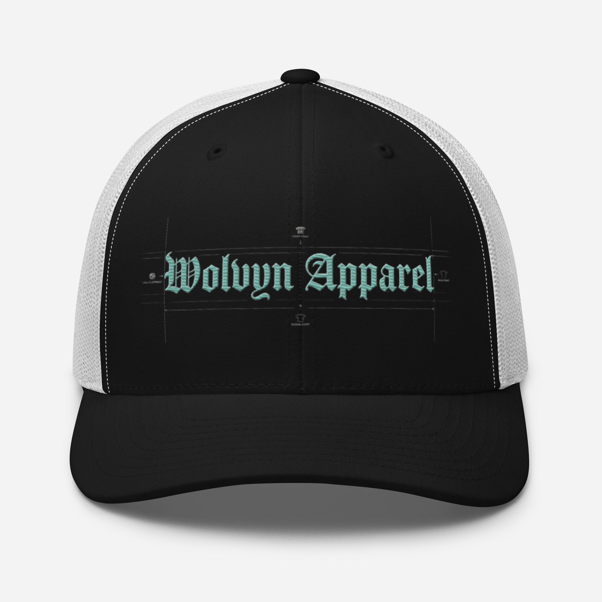 Black and white mid-profile trucker cap with embroidered gothic text on front panel