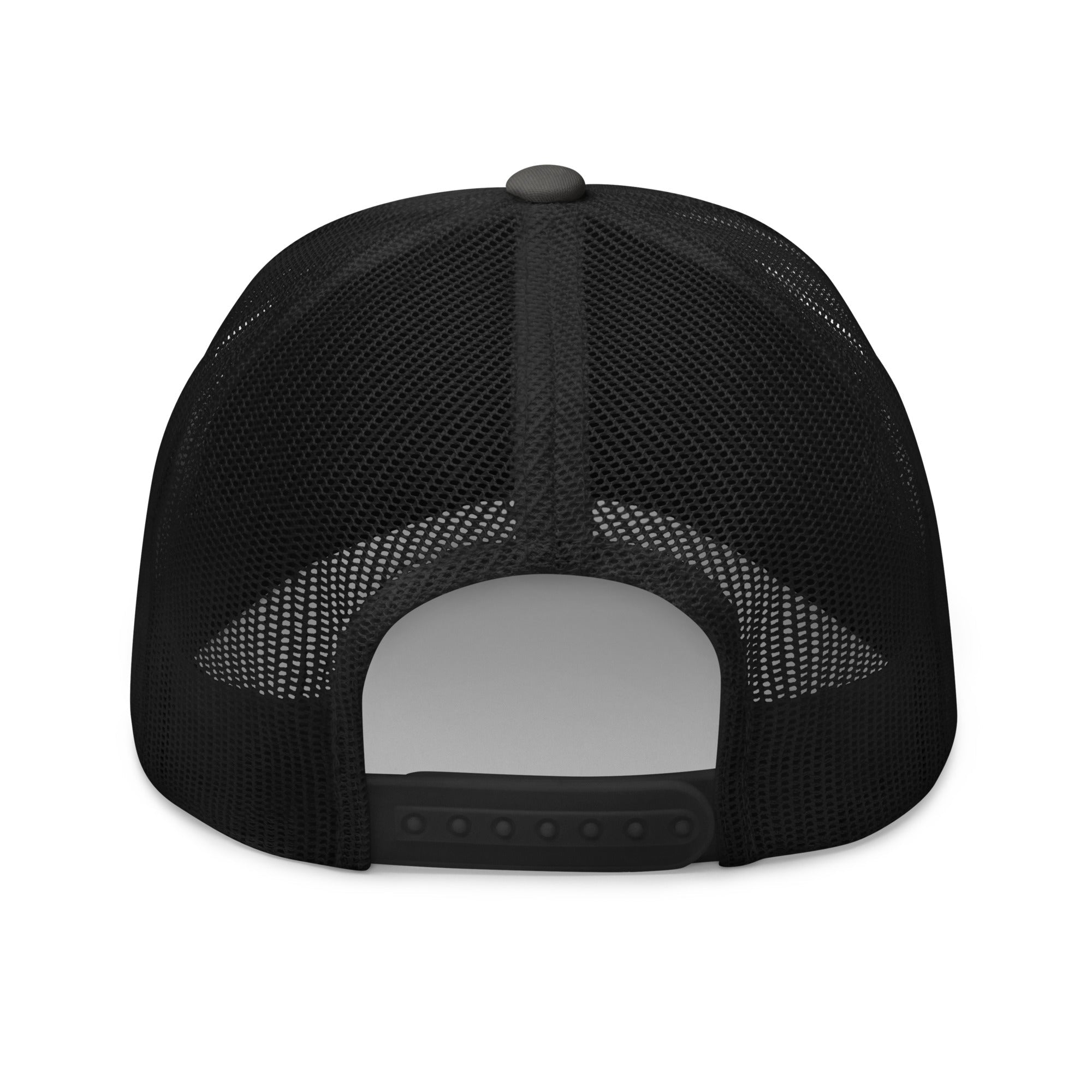 Back view of a black mesh mid-profile trucker cap with adjustable snap closure