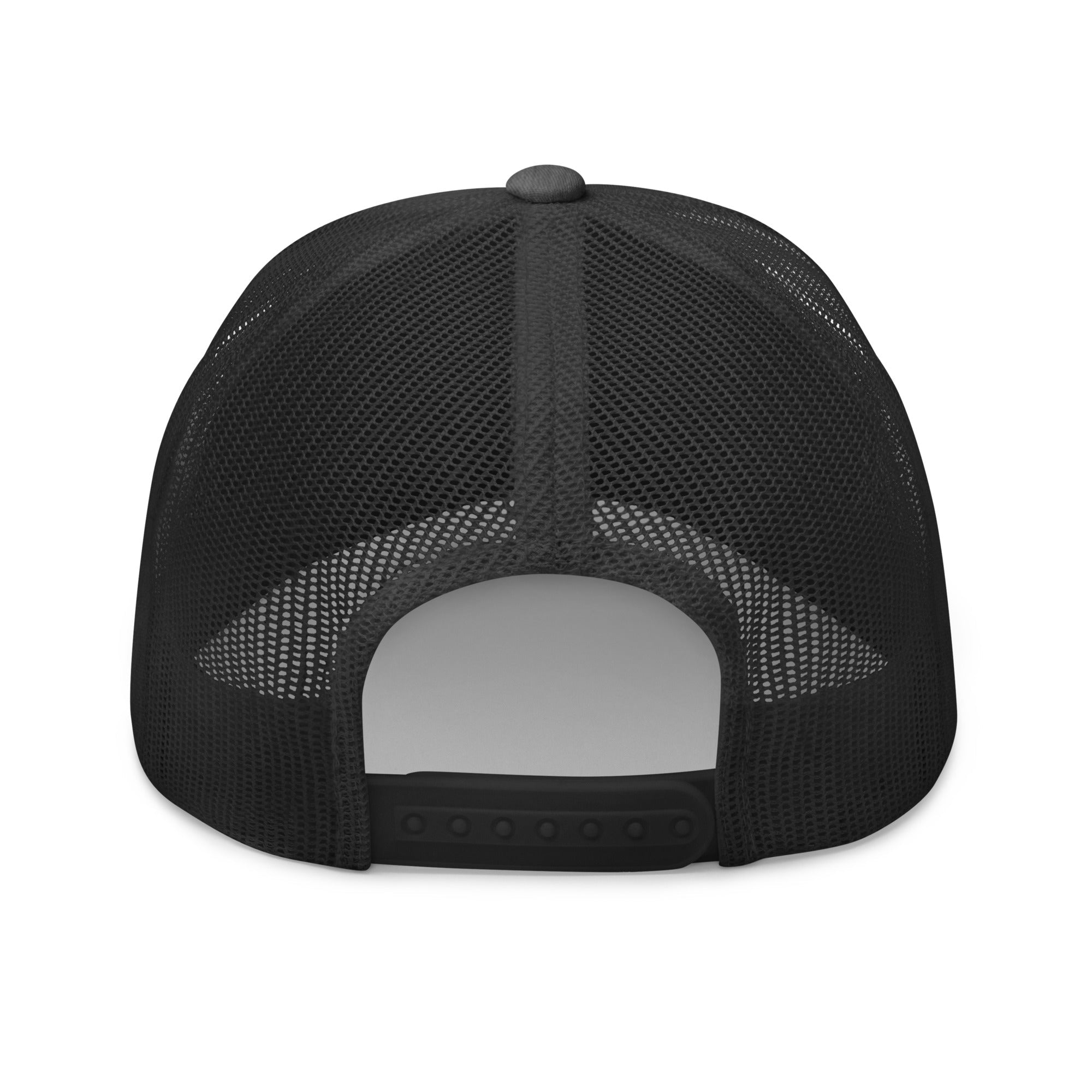 Back view of black mesh mid-profile trucker cap with adjustable snap closure
