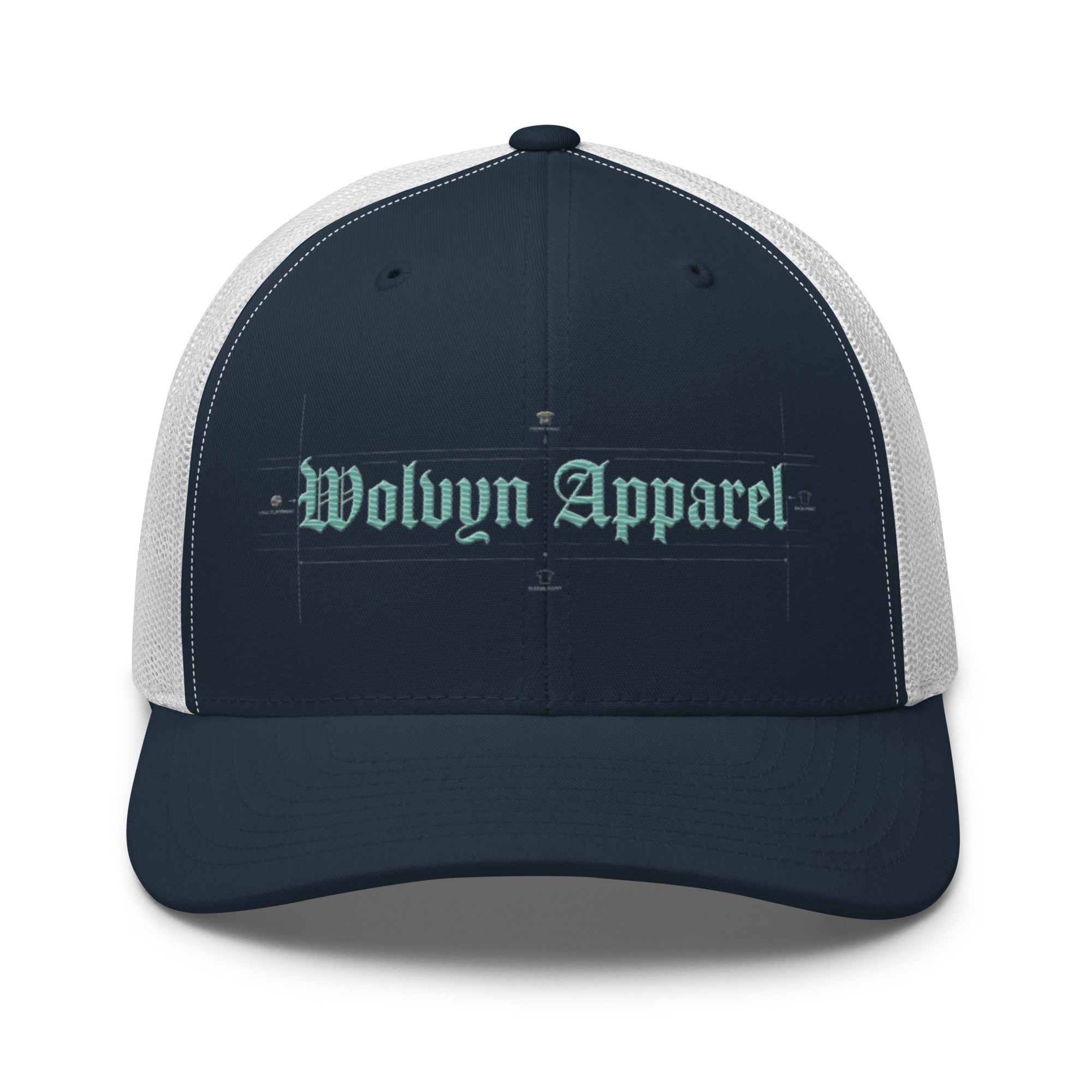 Navy and white mid-profile trucker cap with 'Wolvyn Apparel' embroidered in blueprint font