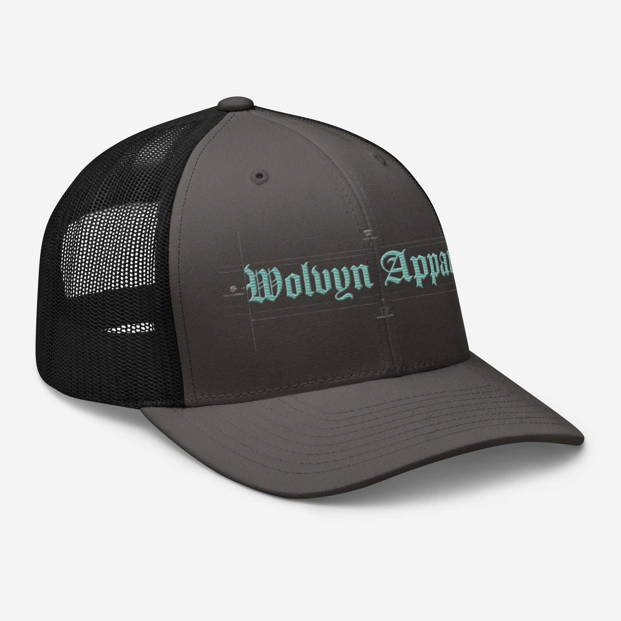Gray and black mid-profile trucker cap with mesh back and embroidered gothic text on front