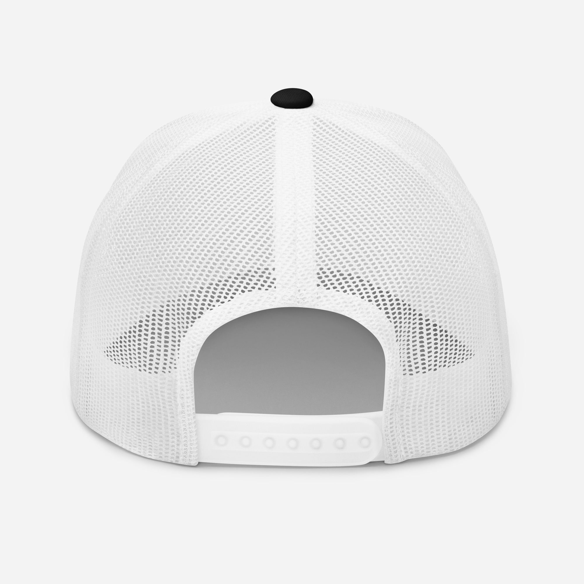 Back view of white mid-profile mesh trucker cap with adjustable snapback closure