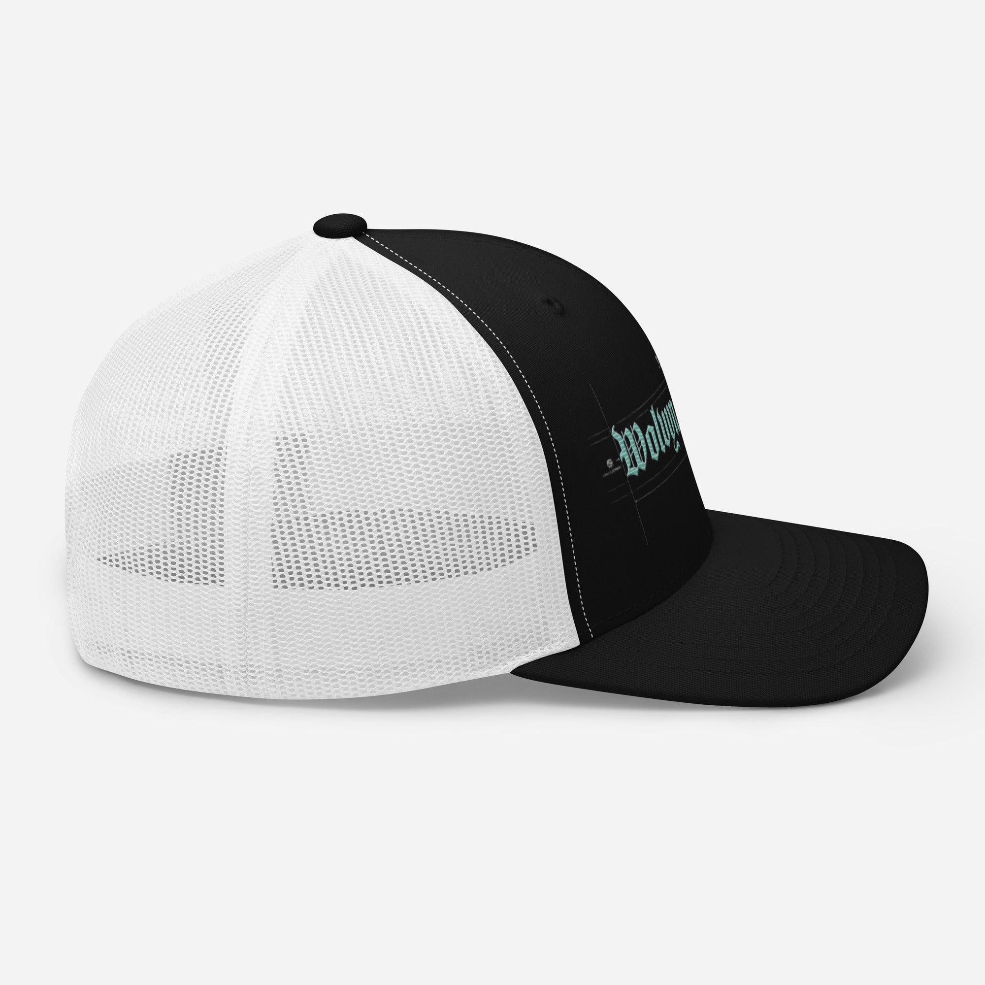 Black and white mesh trucker cap with mid-profile fit and embroidered front logo
