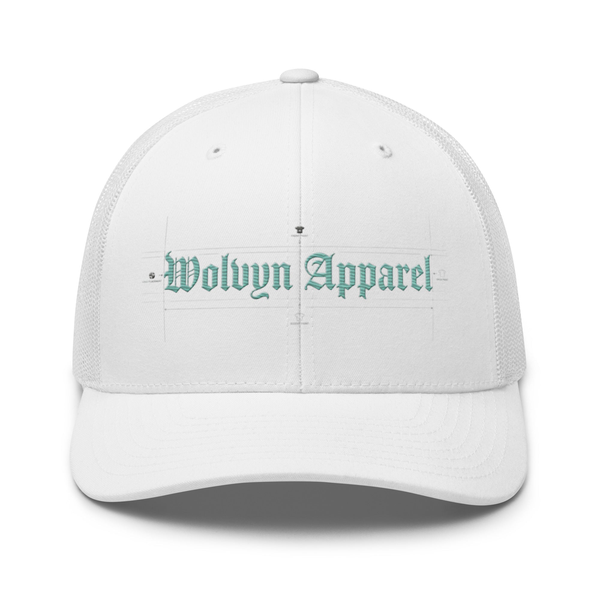white mid-profile mesh trucker cap with 'Wolvyn Apparel' embroidered in teal gothic font
