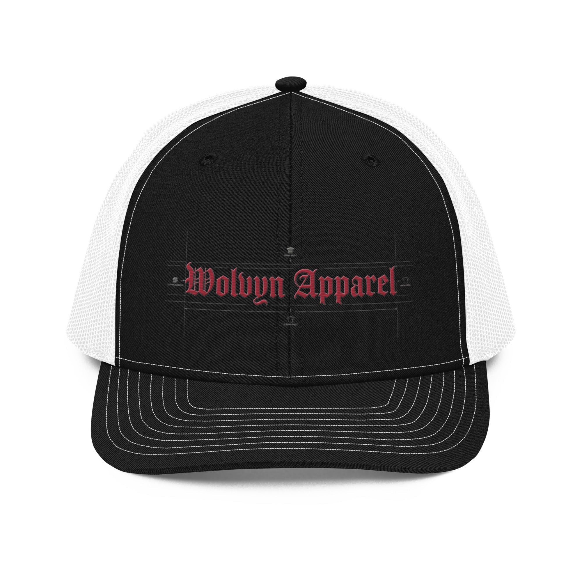 Black and white trucker cap with mesh back and red embroidered 'Wolvyn Apparel' text on front