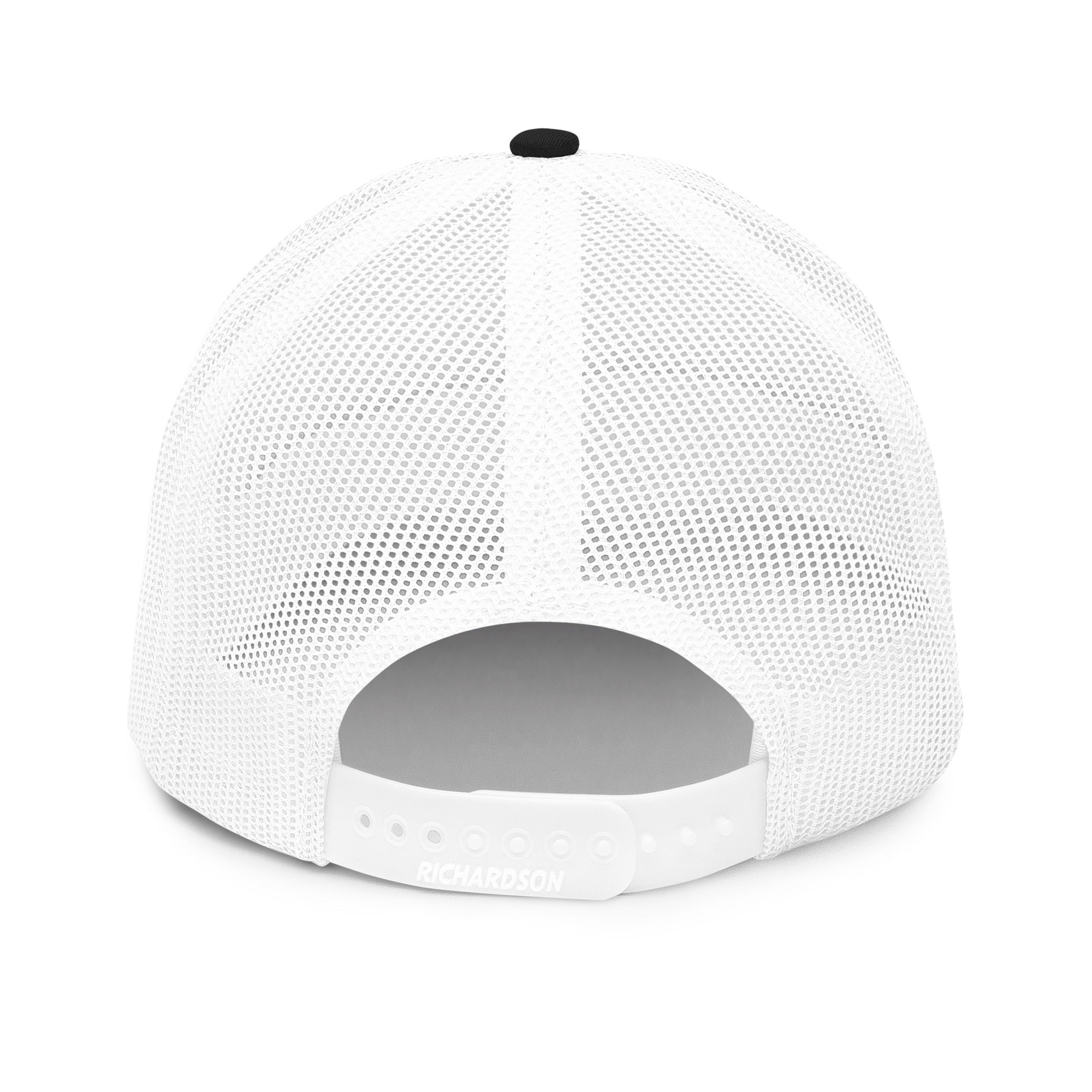 Back view of white mesh trucker cap with snapback closure and Richardson branding