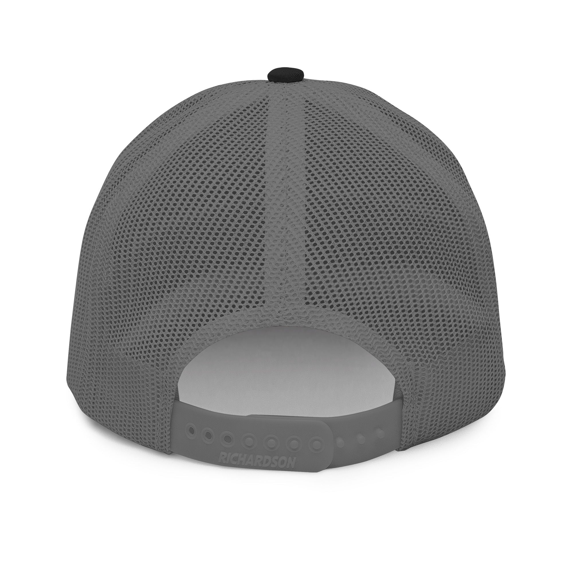 Back view of a grey mesh trucker cap with adjustable snap closure and Richardson branding