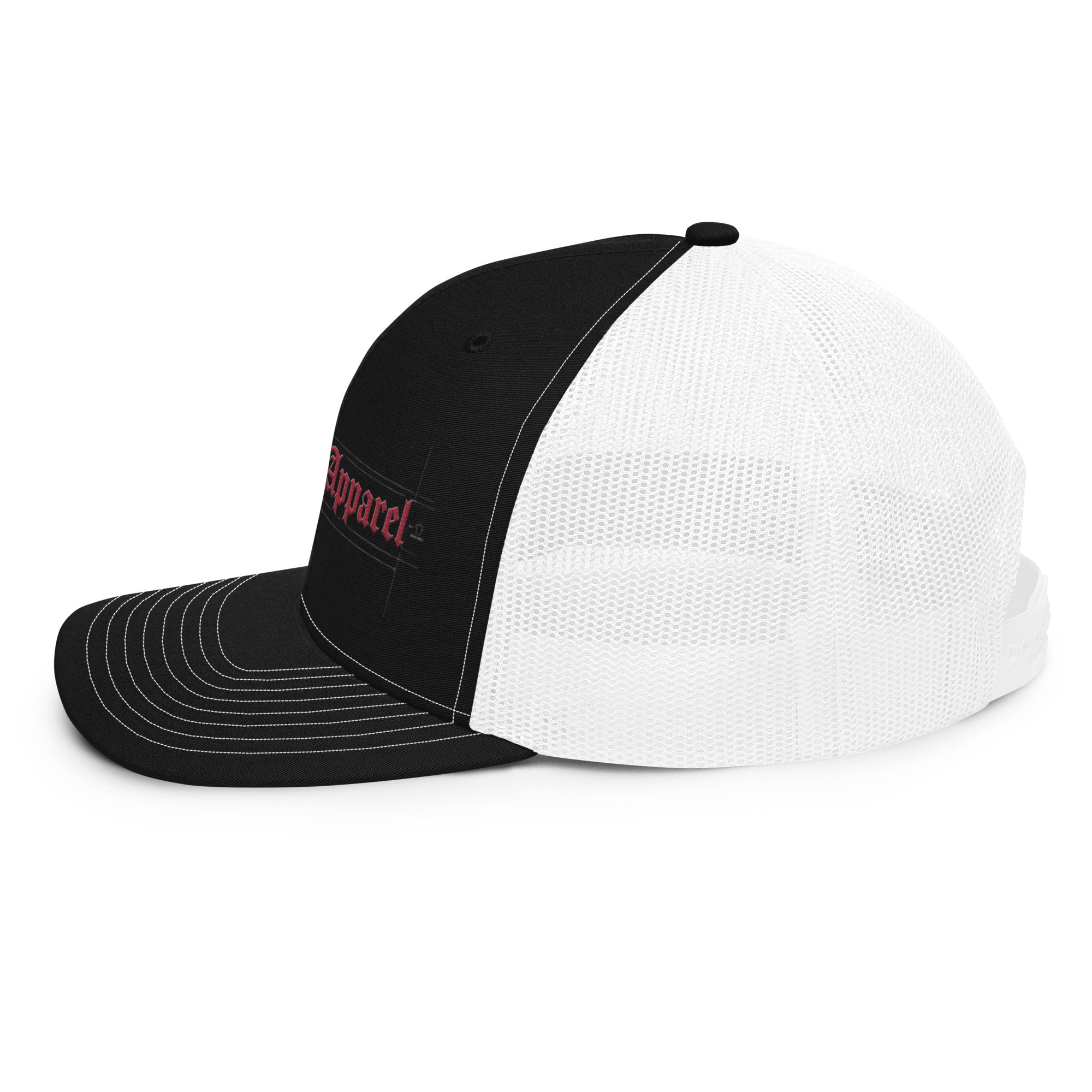 Black and white mesh trucker cap with premium embroidered red text on the front panel