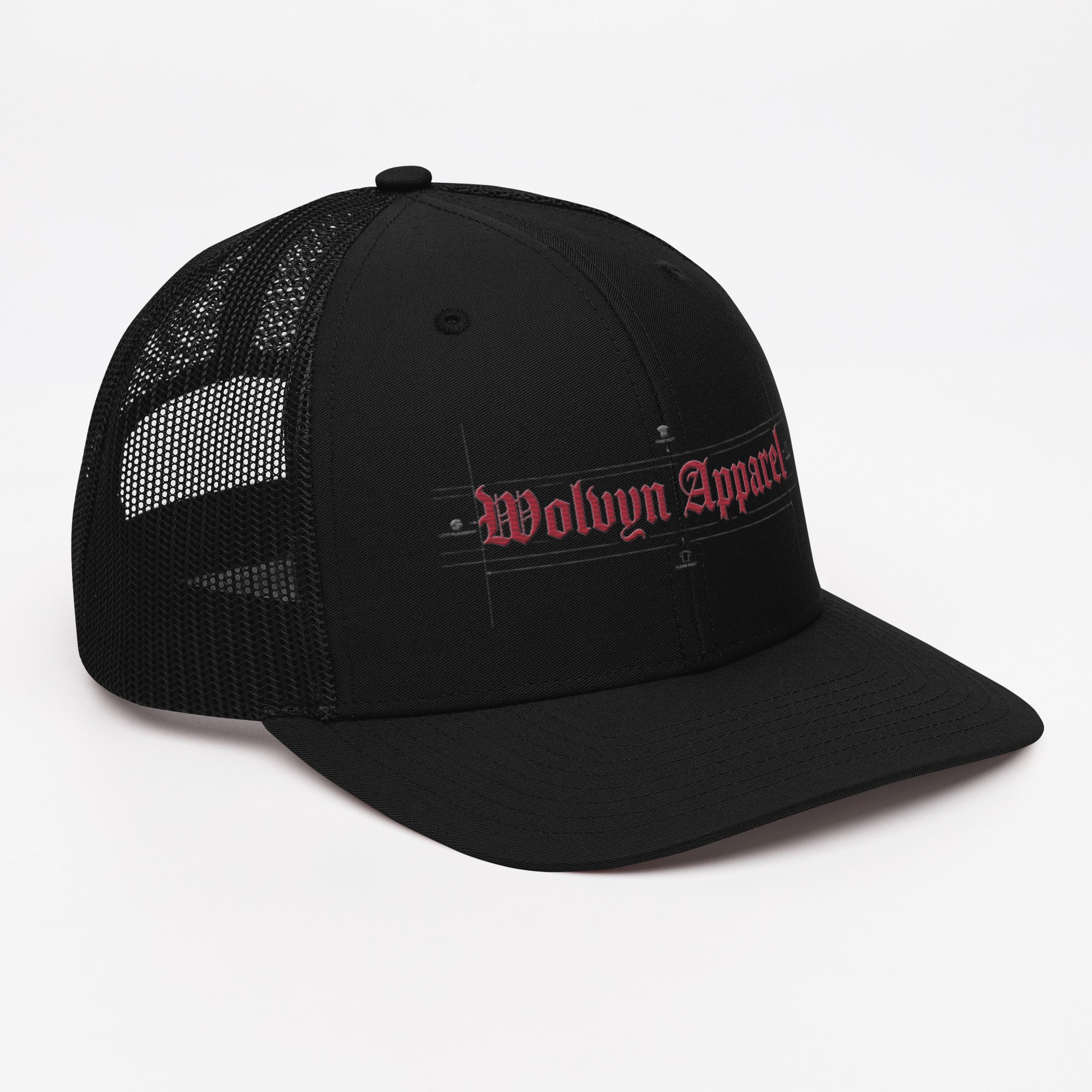 Black Richardson trucker cap with mesh back and red embroidered Gothic text on front