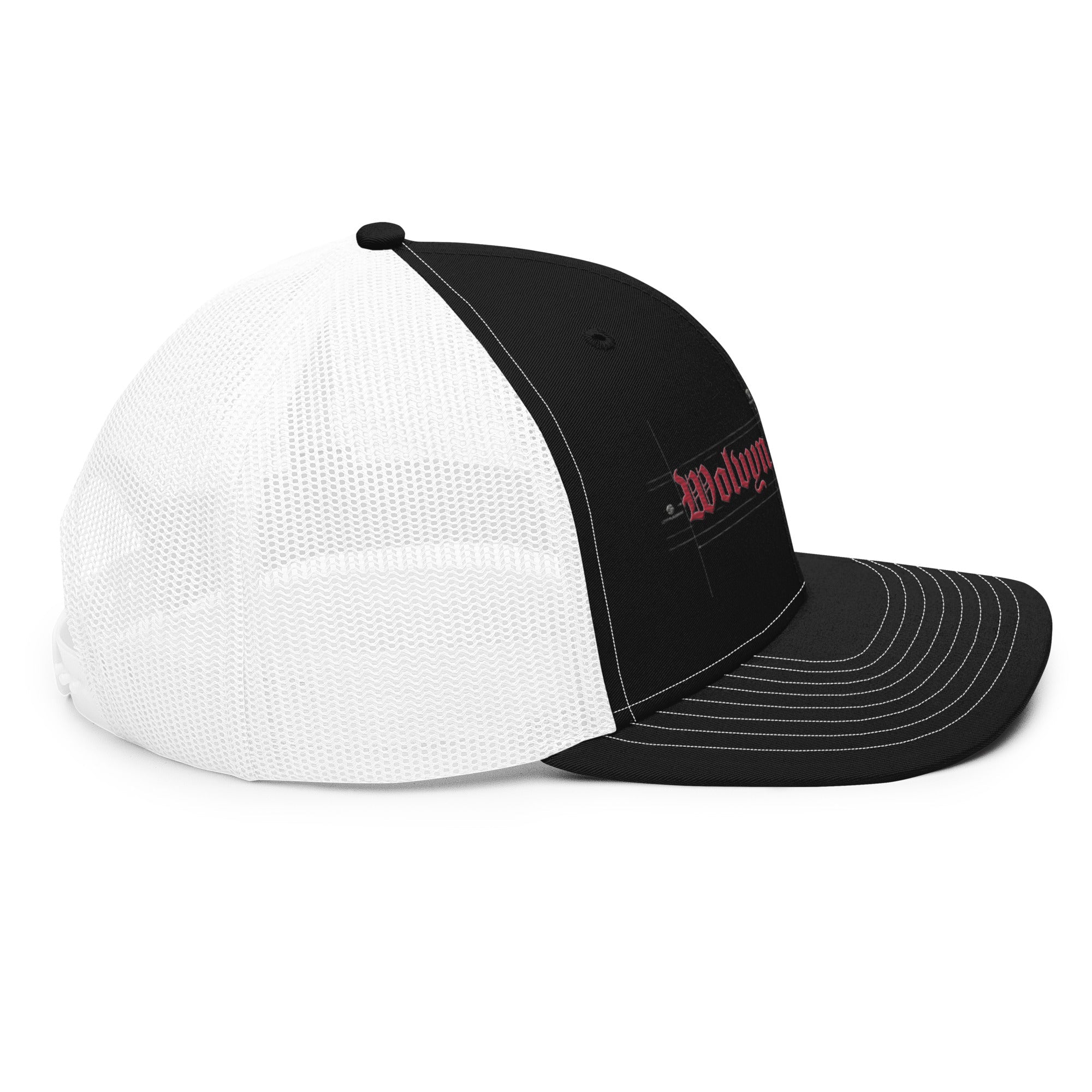 Black and white trucker cap with red embroidered script on the front and mesh back panel.