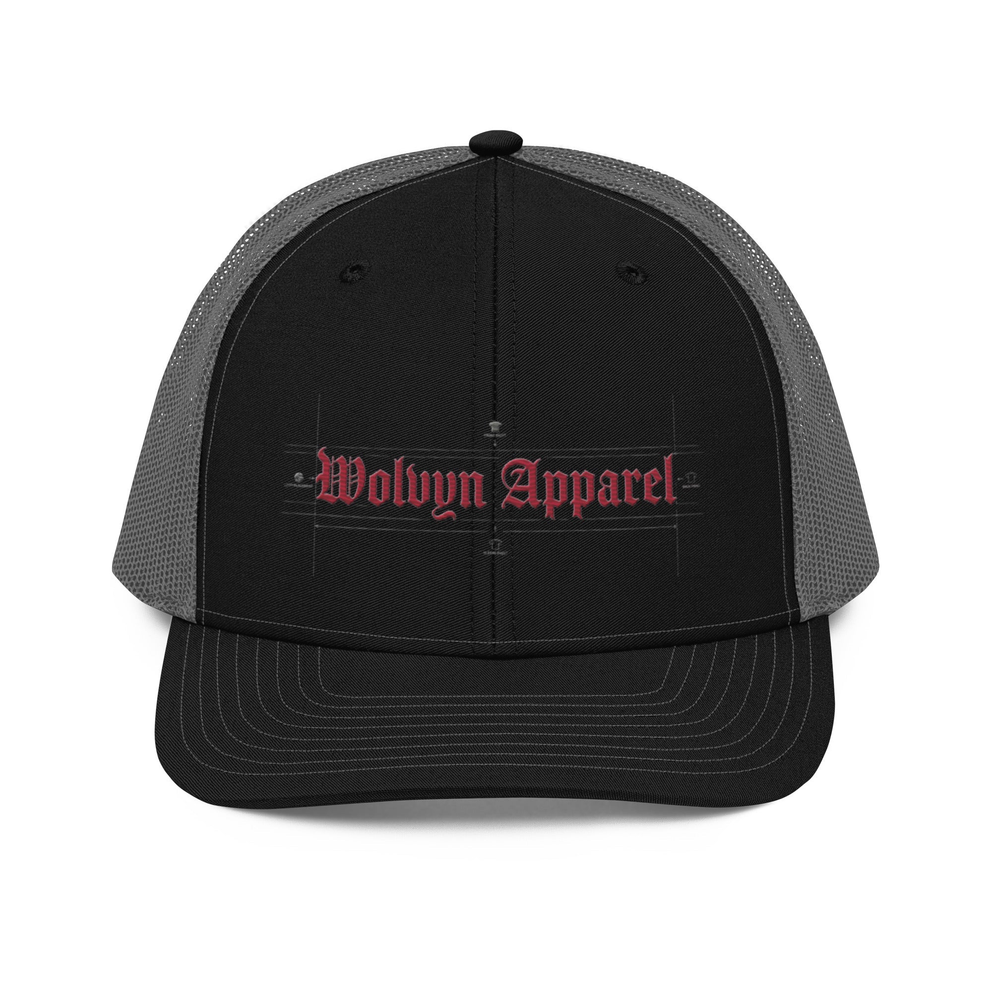 Black and gray trucker cap with red embroidered Wolvyn Apparel logo on the front panel