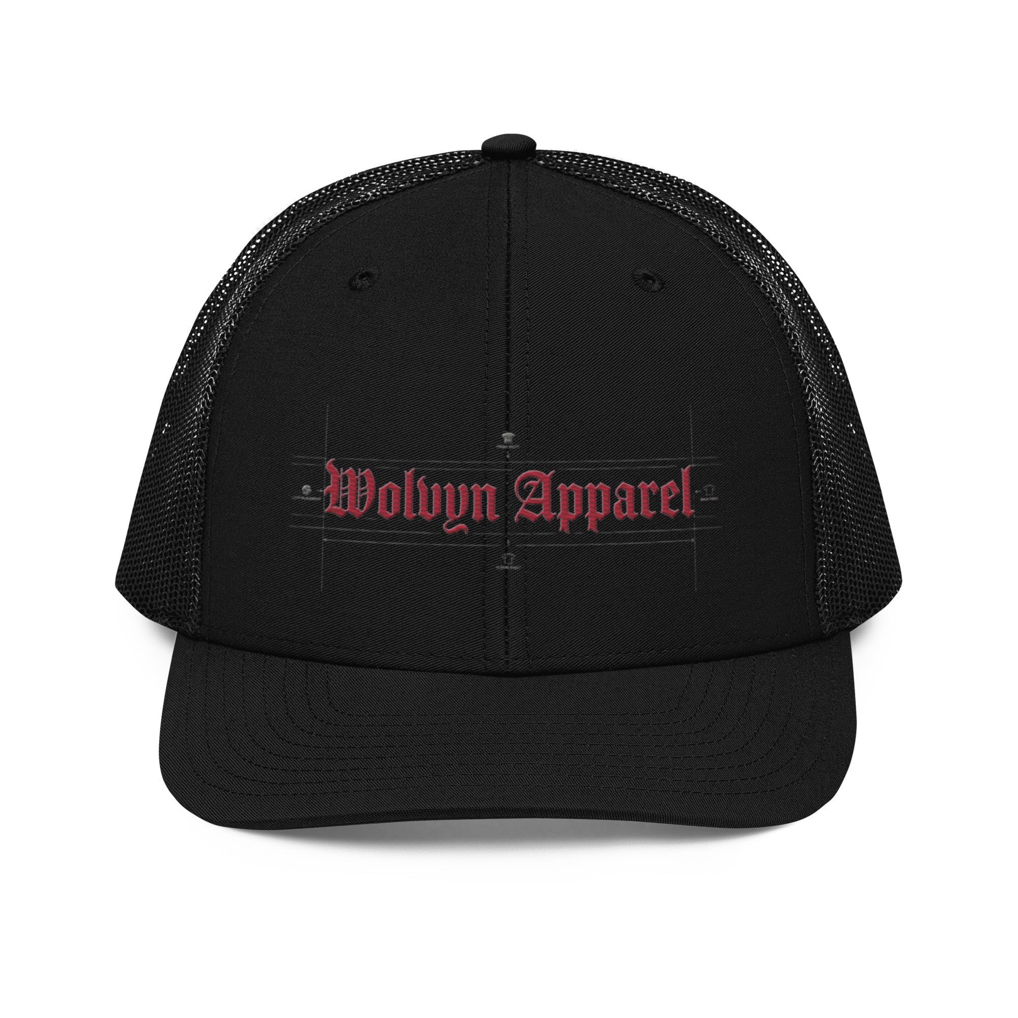 Black trucker cap with mesh back and red embroidered 'Wolvyn Apparel' Gothic lettering