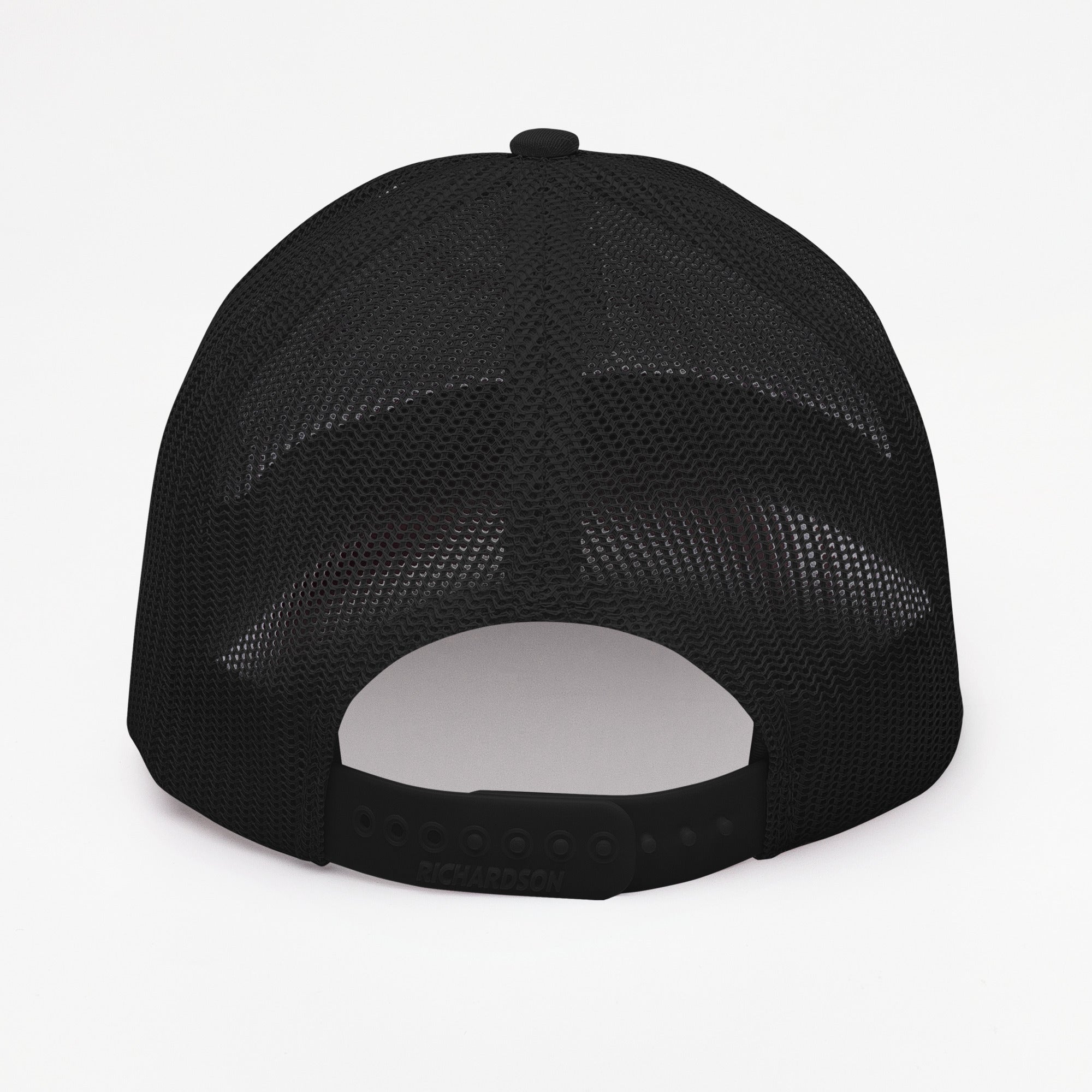 Back view of black mesh trucker cap with adjustable snap closure